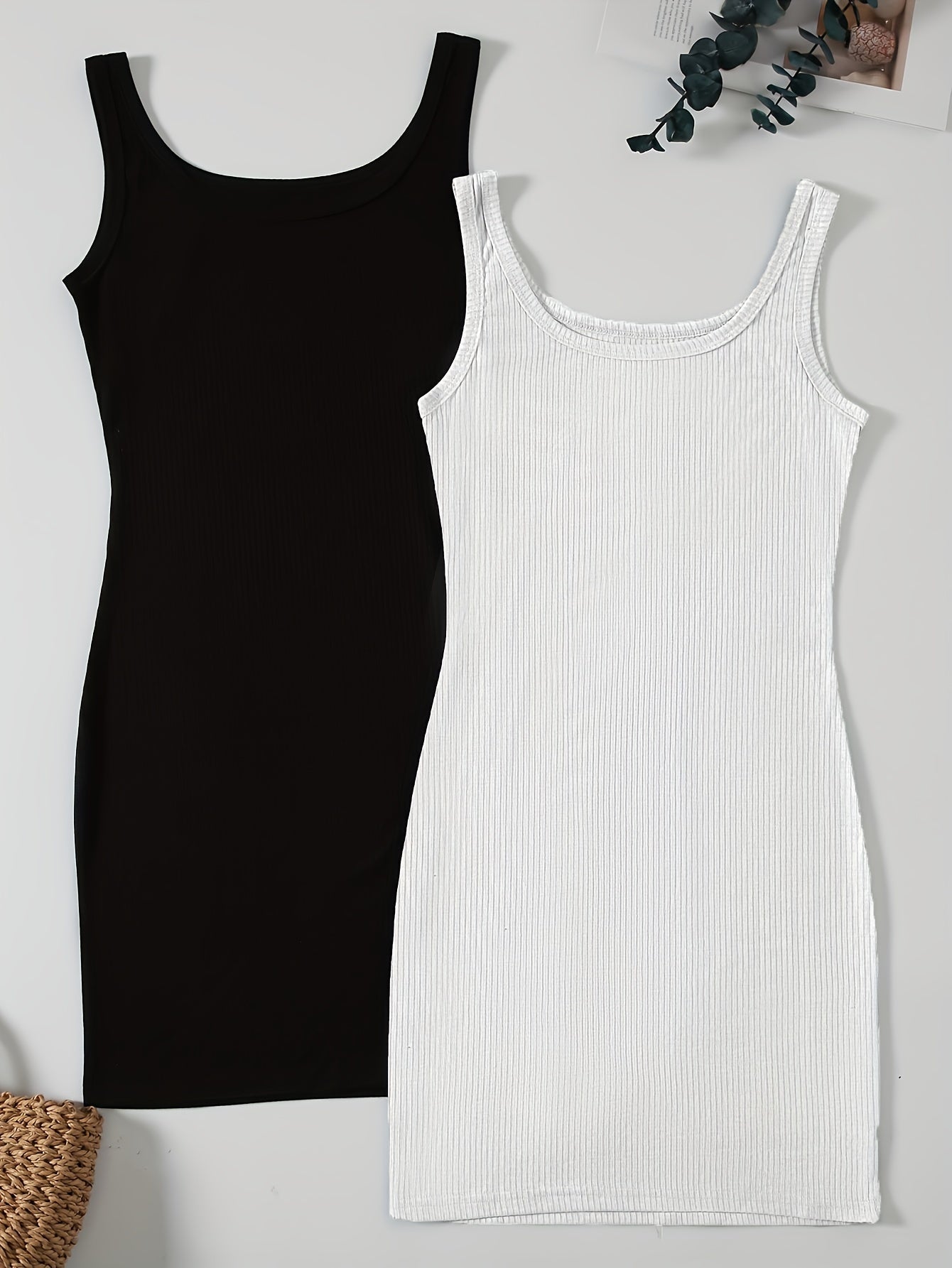 Sixsr 2 Pieces Solid Bodycon Tank Dress, Casual Crew Neck Dress For Spring & Summer, Women's Clothing