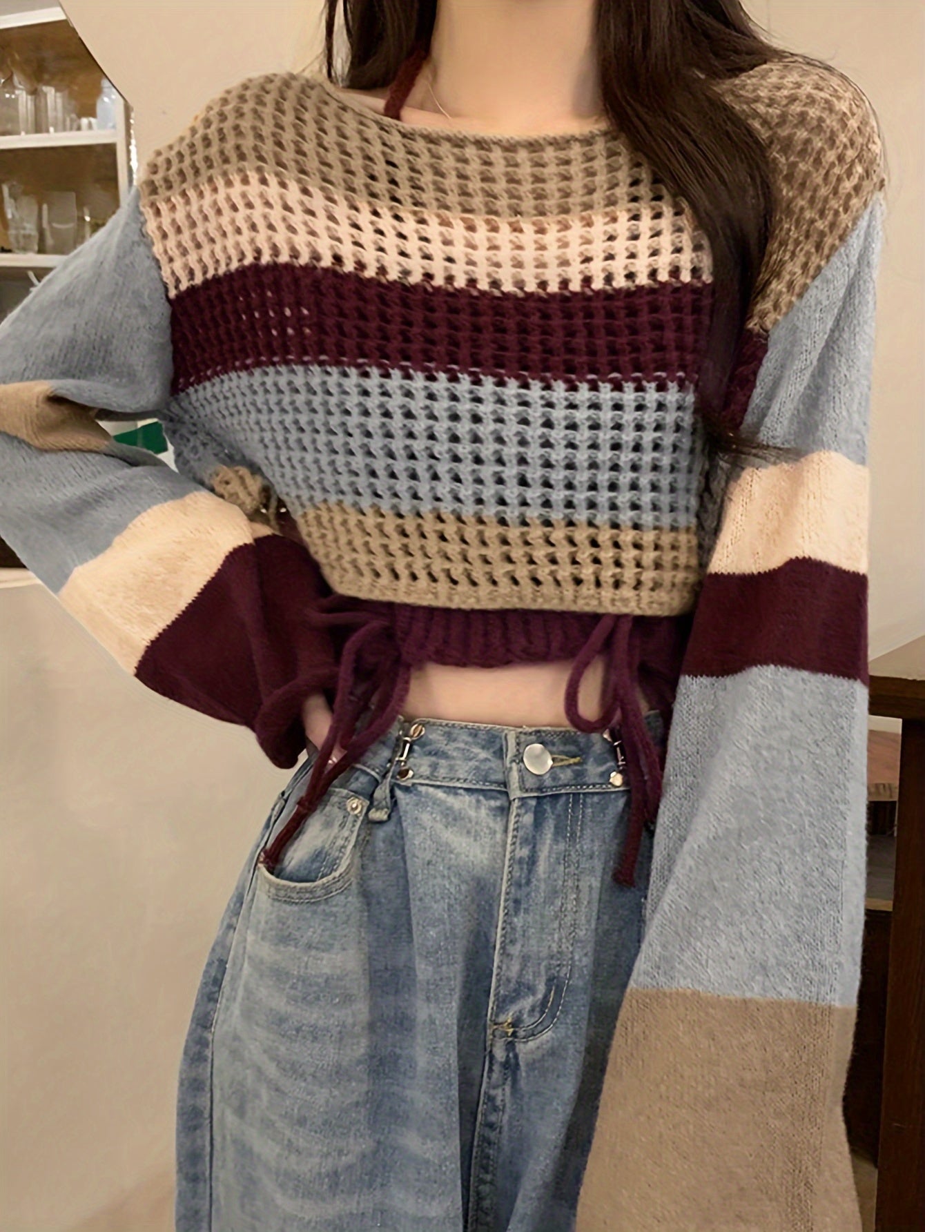 Sixsr Striped Boat Neck Knit Sweater, Casual Long Sleeve Crop Sweater For Fall & Spring, Women's Clothing