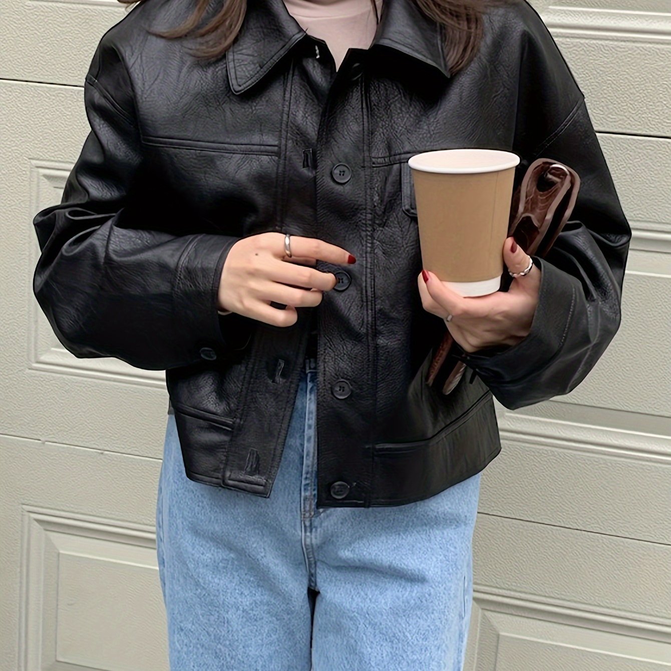 Sixsr Solid Faux Leather Vintage Jacket, Long Sleeve Single Breasted Outwear For Fall & Winter, Women's Clothing