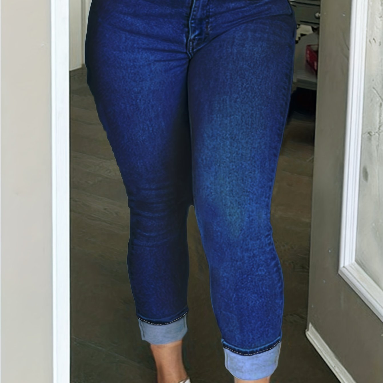 Sixsr Plus Size Casual Jeans, Women's Plus Solid Roll Up Hem Button Fly Medium Stretch Pencil Jeans