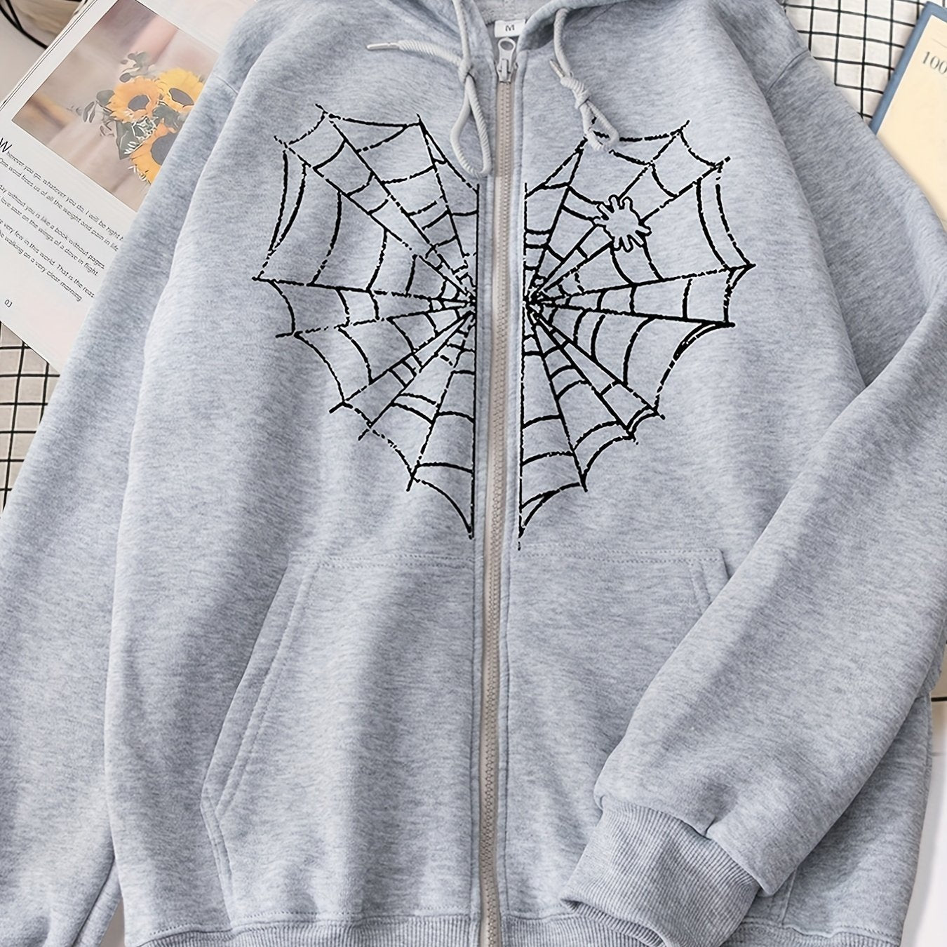 Sixsr Heart Web Print Zip Hoodie, Long Sleeve Zipper Thermal Hoodie Coat With Pocket, Streetwear Hooded Jacket
