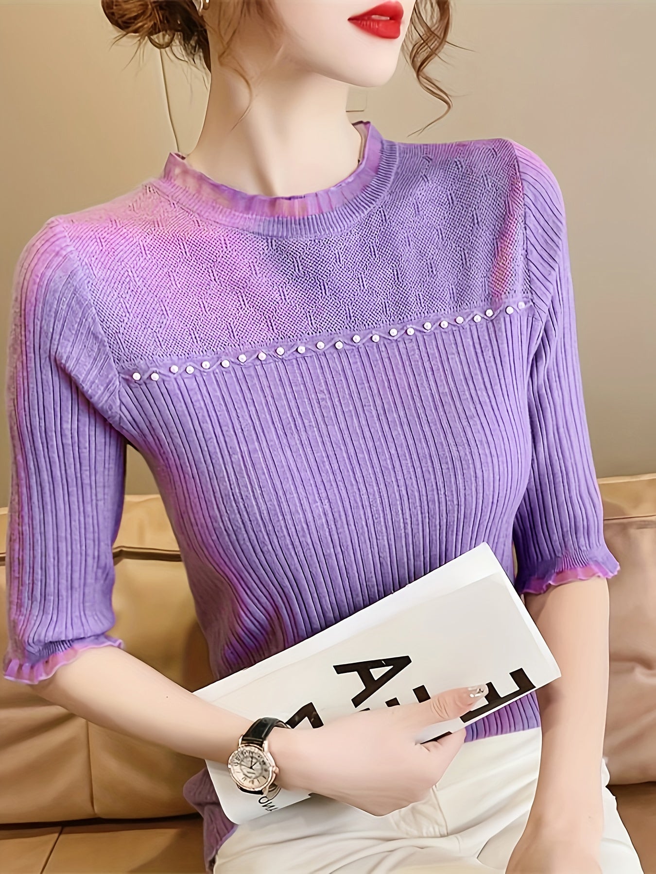 Sixsr Beaded Lace Trin Knitted Top, Casual Short Sleeve Slim Sweater For Spring & Summer, Women's Clothing