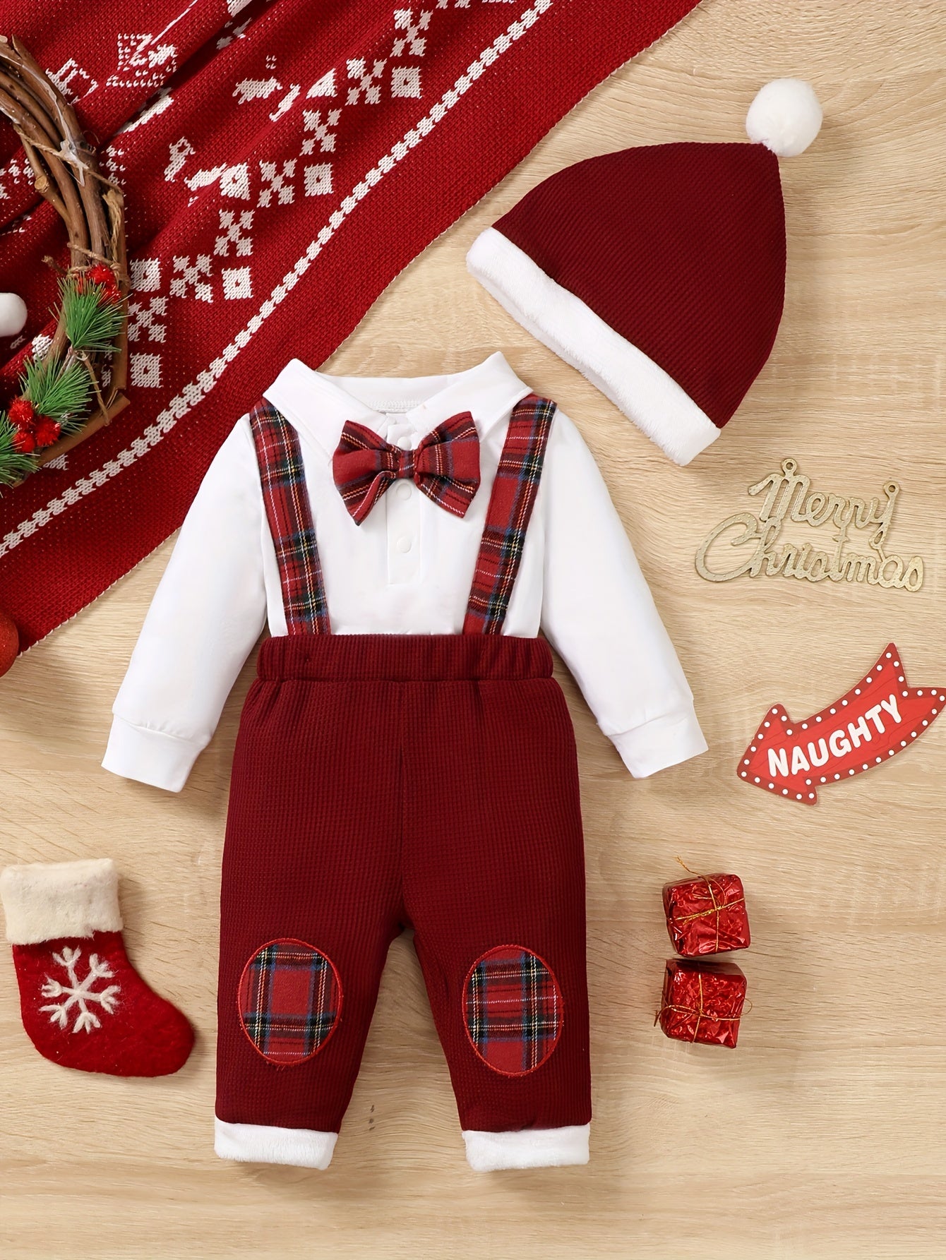 2pcs Infant Boys' Christmas Outfit Set – Long Sleeve Comfy Cotton Onesie + Plaid Suspender Pants + Christmas Hat, Cute Set For Fall/Winter