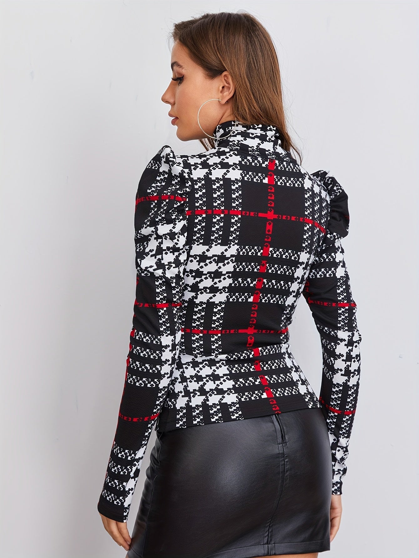 Sixsr Plaid Print Turtleneck Top, Versatile Puff Sleeve Slim Top For Spring & Fall, Women's Clothing