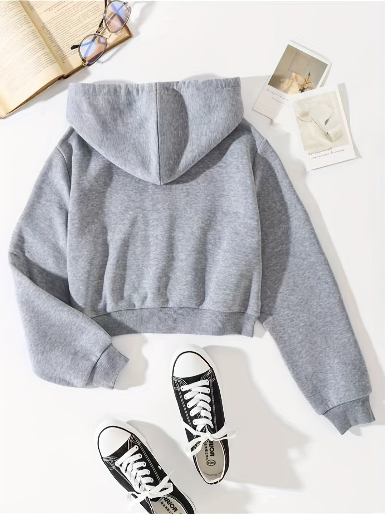 Sixsr Solid Drawstring Zip Up Thermal Lined Crop Hoodie Sweatshirt, Long Sleeve Pocket Front Sweatshirt, Women's Tops
