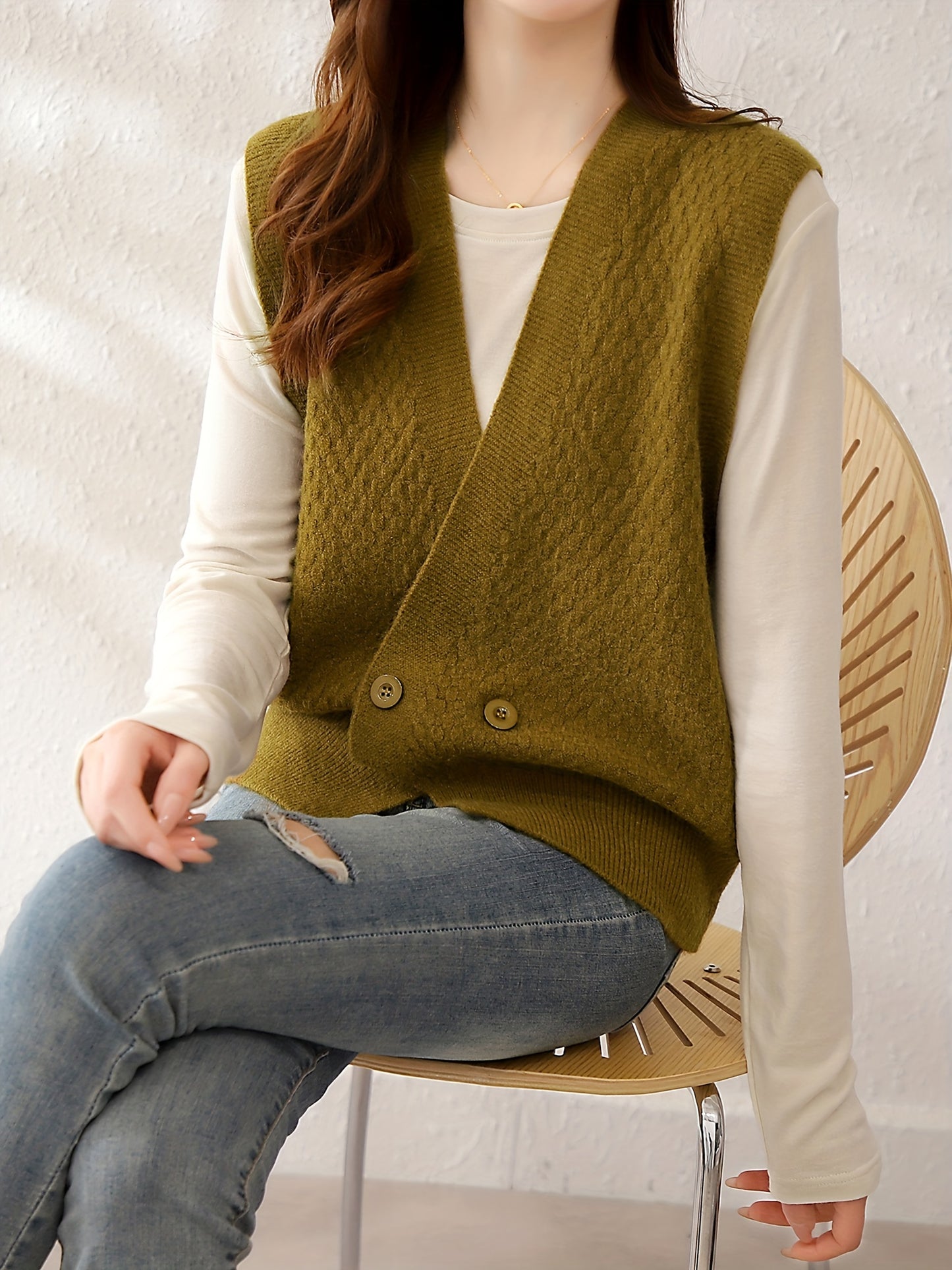Sixsr Solid Button Front Vest, Vintage V Neck Sleeveless Vest, Women's Clothing