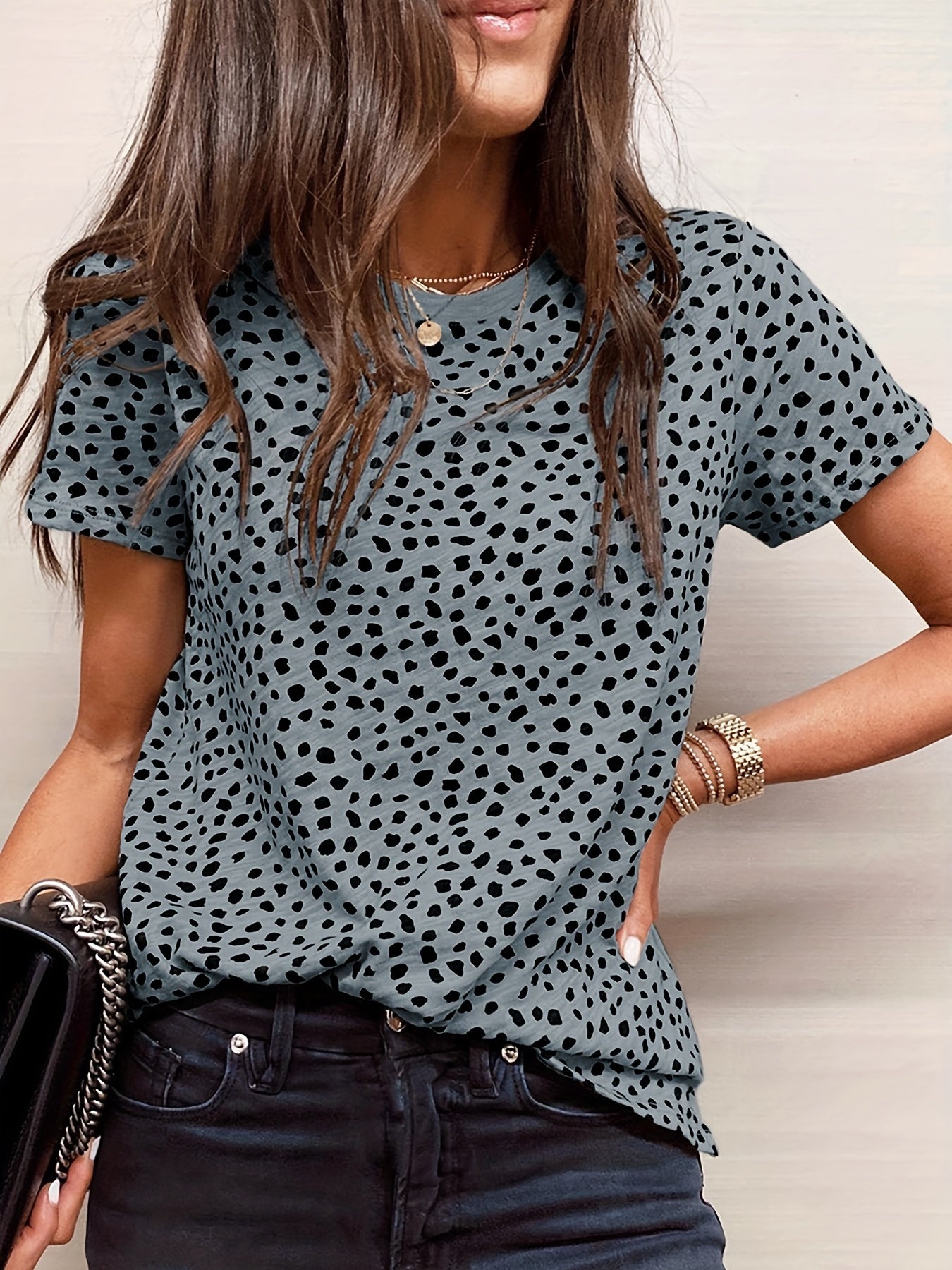 Sixsr Dalmatian Print Crew Neck T-Shirt, Casual Short Sleeve T-Shirt For Spring & Summer, Women's Clothing