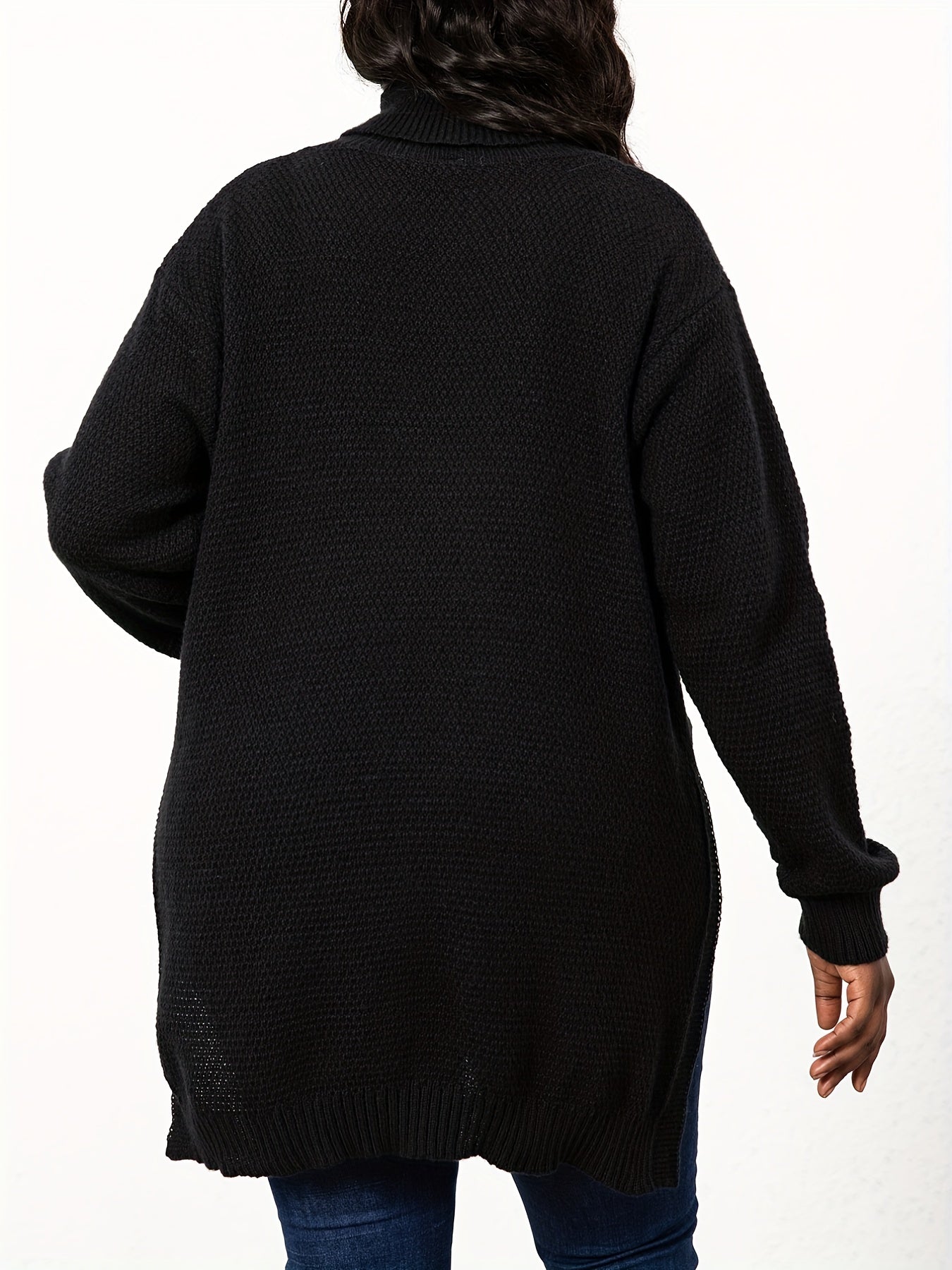 Sixsr Plus Size Turtle Neck Knit Side Slit Sweater, Women's Plus Solid High Stretch Elegant Sweater