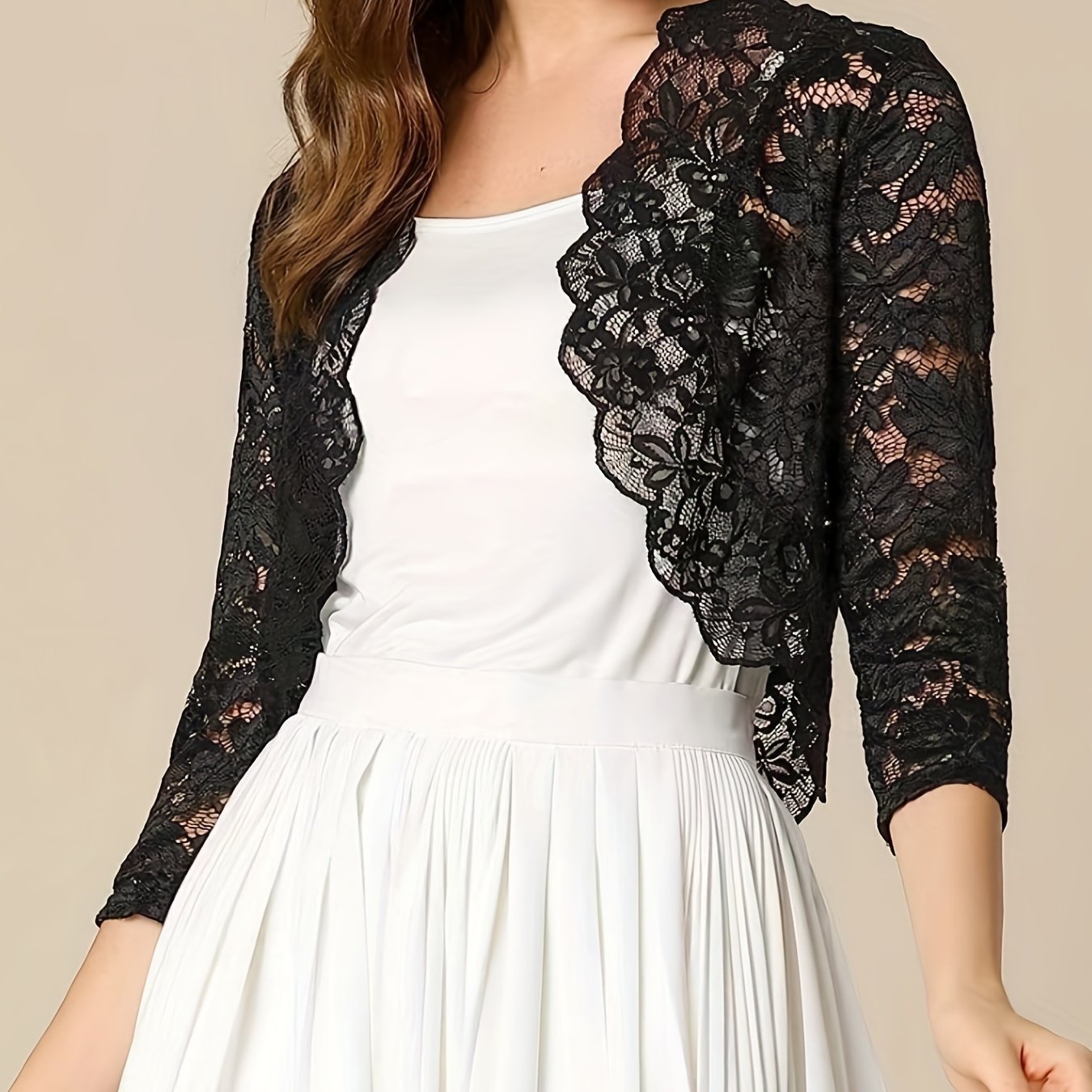 Sixsr Semi-sheer Floral Lace Crop Cardigan, Casual Three-quarter Sleeve Cover Up Cardigan, Women's Clothing