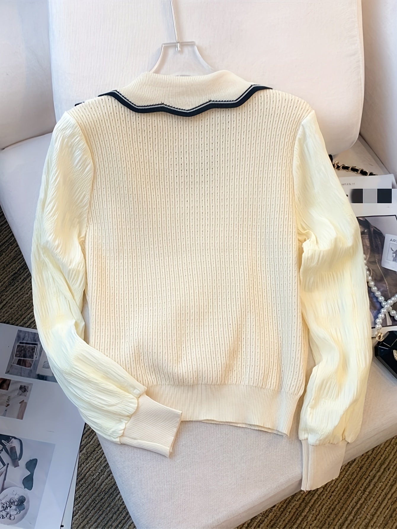 Sixsr Contrast Trim Lapel Sweater, Elegant Fake Button Scallop Trim Long Sleeve Sweater For Fall & Winter, Women's Clothing