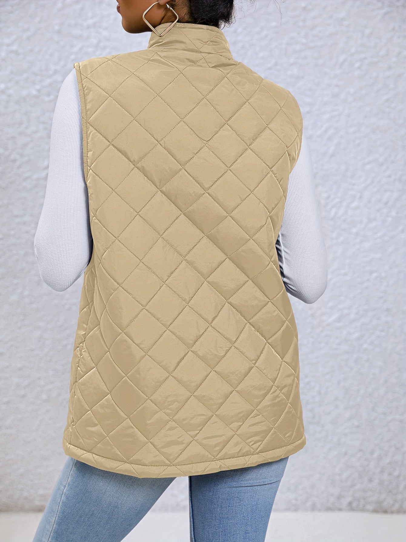 Sixsr Zip Up Argyle Vest, Casual High Neck Solid Sleeveless Vest, Women's Clothing