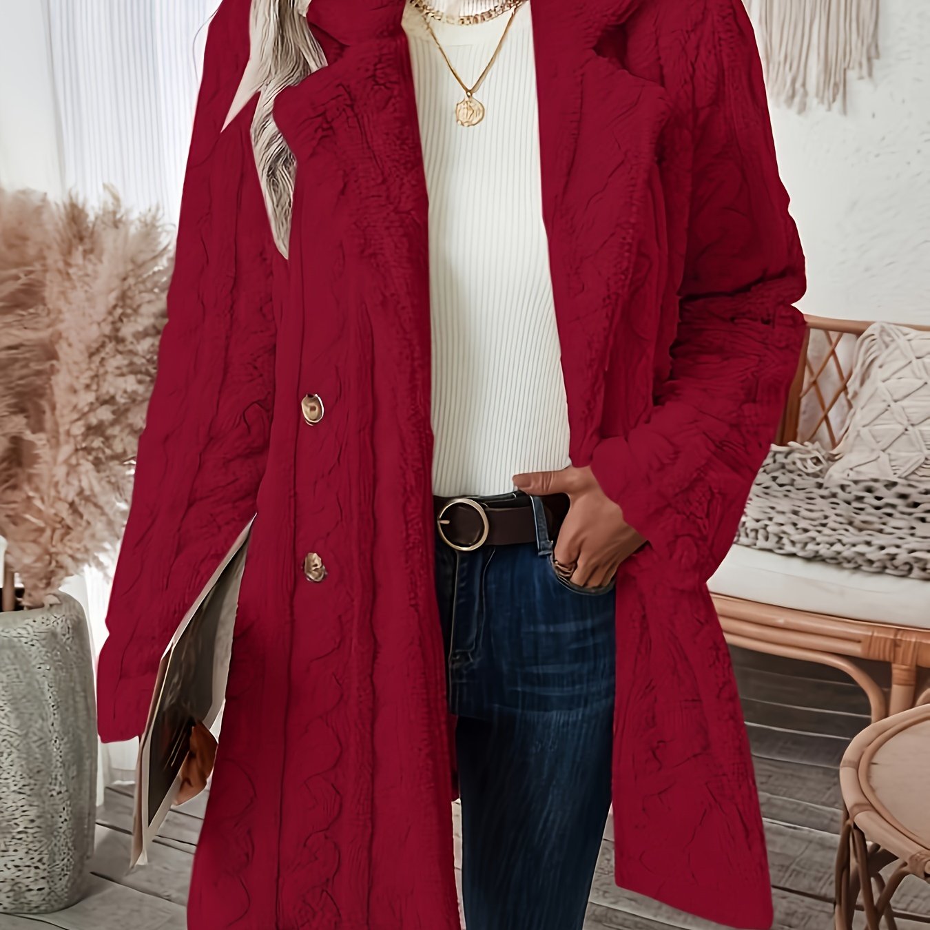 Sixsr Double-breasted Teddy Bear Coat, Casual Thermal Lapel Neck Long Sleeve Plush Jacket For Winter, Women's Clothing