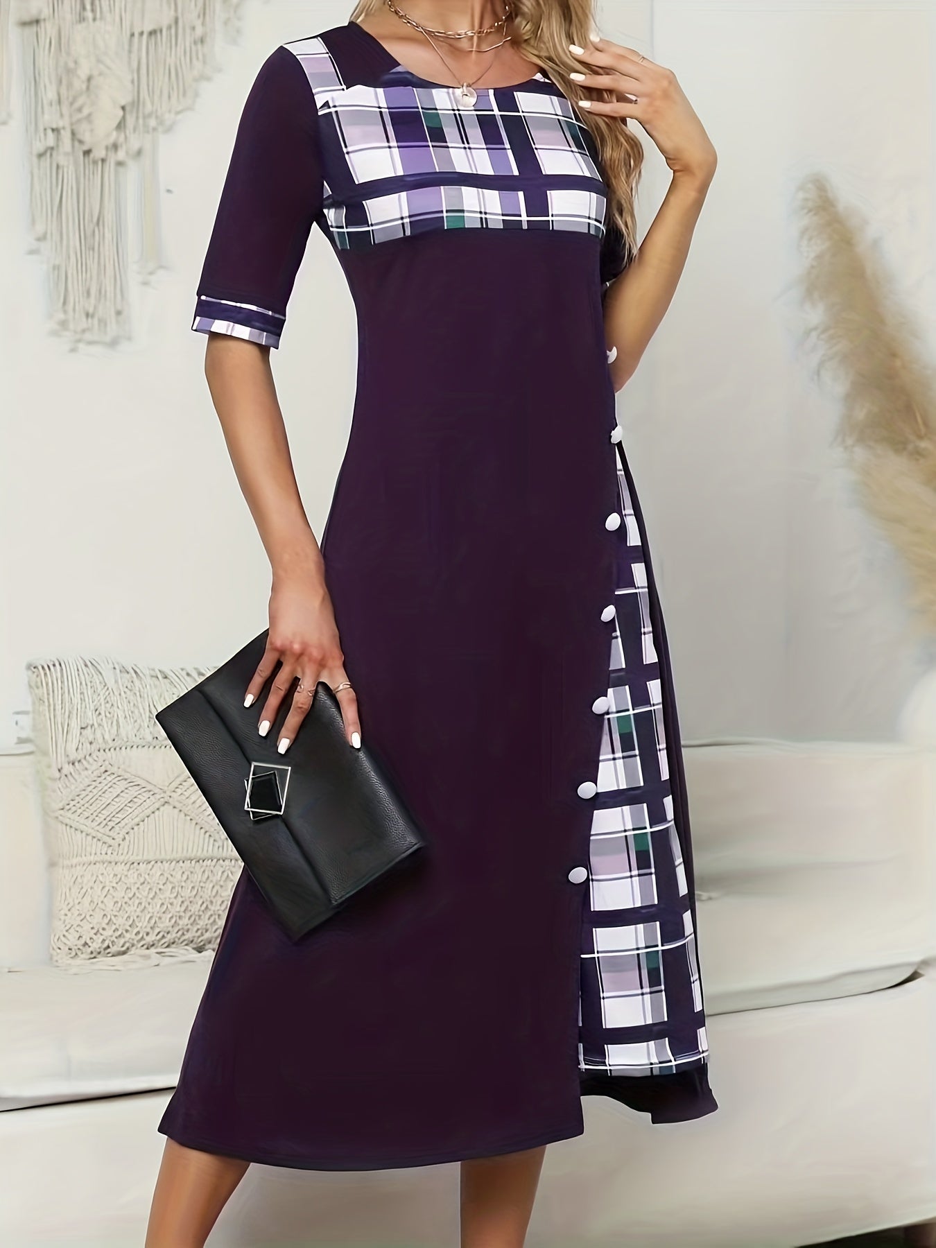 Sixsr Plus Size Casual Dress, Women's Plus Plaid Print Button Decor Short Sleeve Dress With Pockets