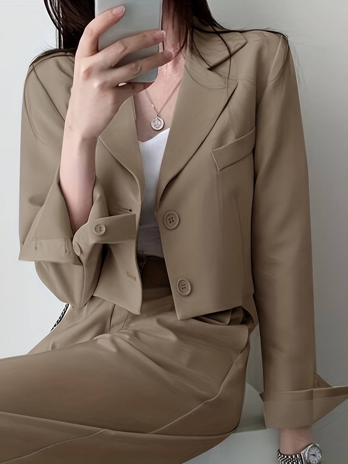 Sixsr Solid Button Front Crop Blazer, Elegant Lapel Long Sleeve Blazer For Office & Work, Women's Clothing