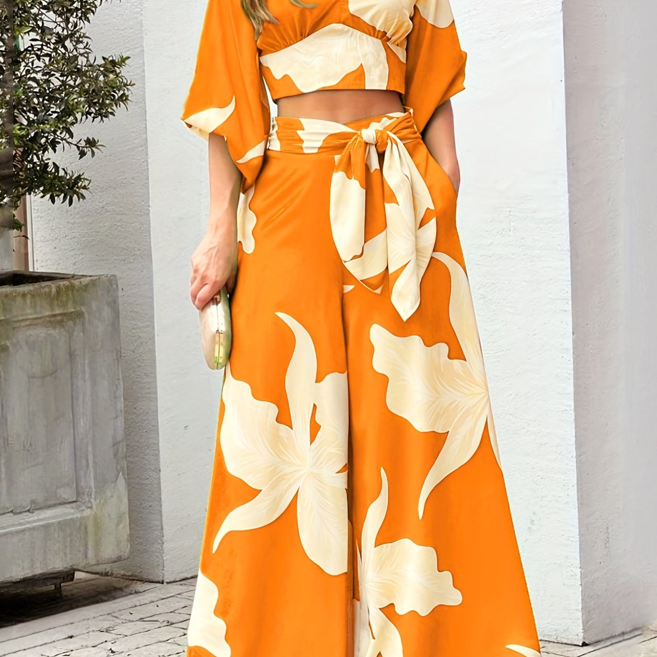 Floral Print V-neck Lace Up Suit, High Waist Wide Leg Pants And Lantern Sleeve V-neck Top Set, Women's Clothing