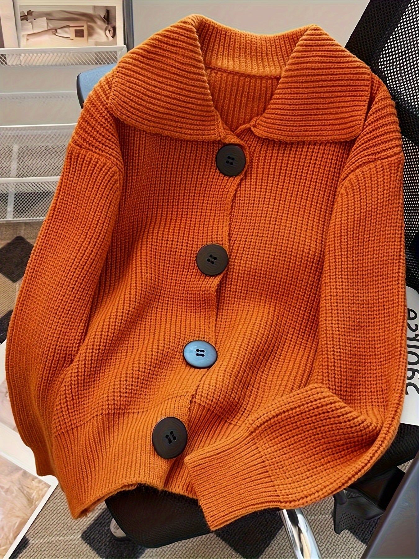 Sixsr Solid Button Down Knit Cardigan, Vintage Turndown Collar Long Sleeve Sweater, Women's Clothing