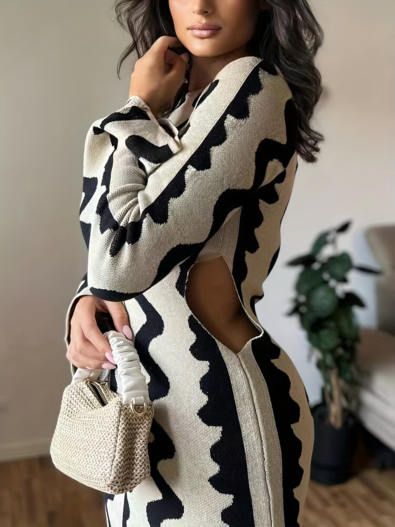 Sixsr Striped Bodycon Sweater Flare Long Sleeve Dress, Cut Out Long Sleeve Casual Dress, Women's Clothing