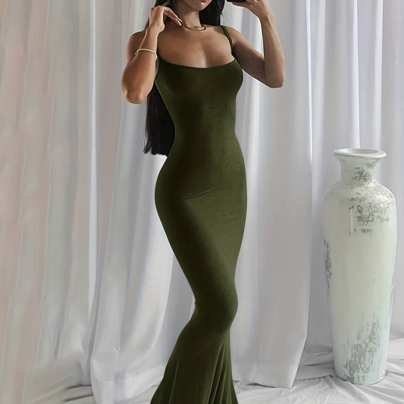 Sixsr Solid Spaghetti Strap Dress, Sexy Sleeveless Bodycon Maxi Dress, Women's Clothing