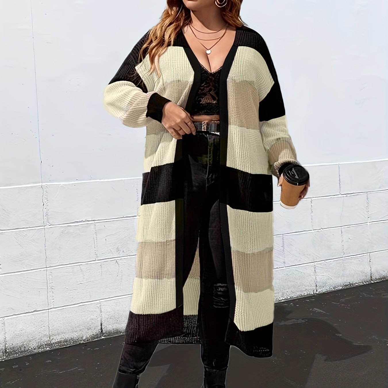 Sixsr Plus Size Colorblock Longline Cardigan, Women's Plus Slight Stretch Casual Sweater Cardigan
