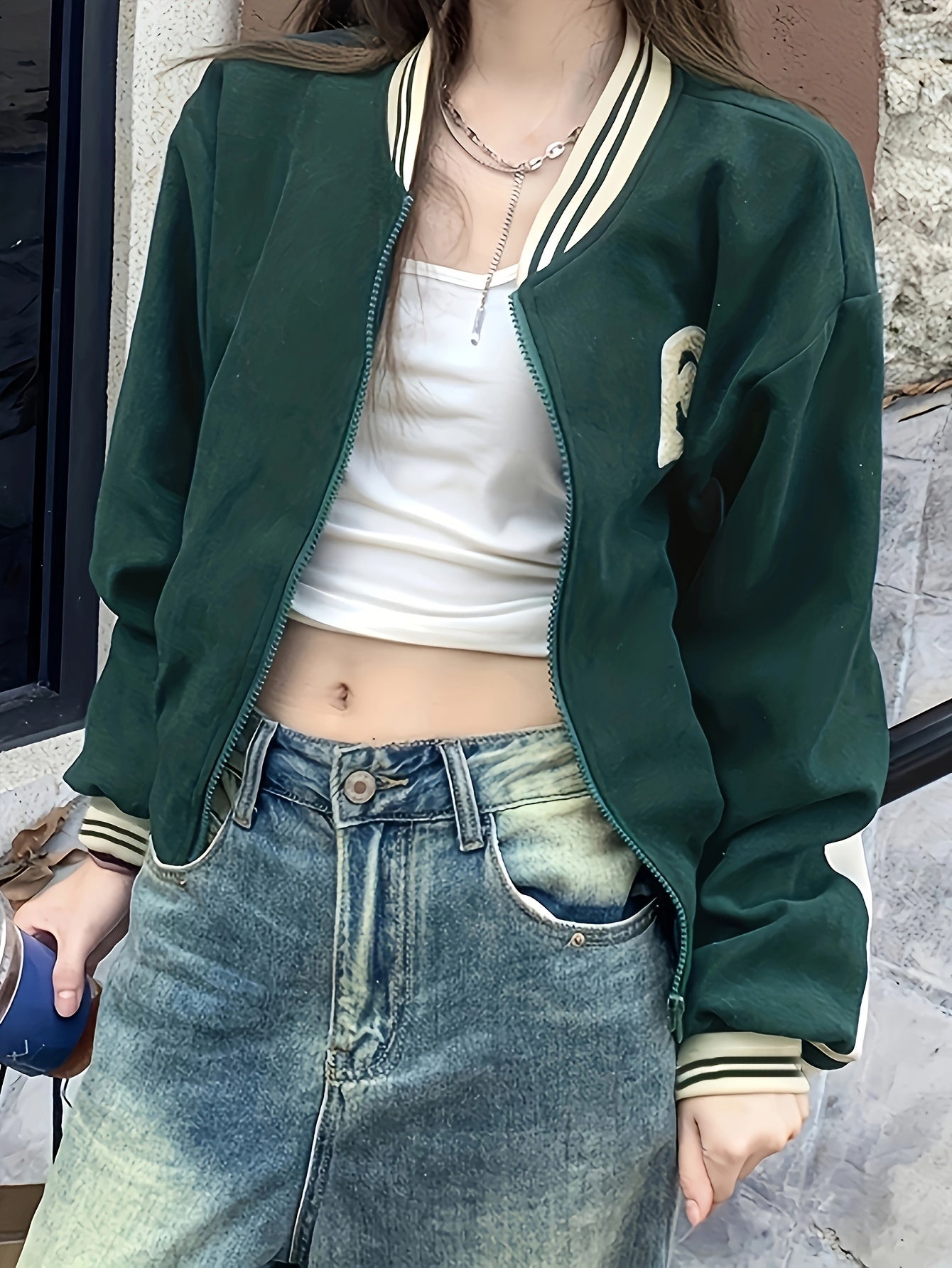 Sixsr Letter Pattern Contrast Trim Jacket, Casual Long Sleeve Zipper Outwear For Fall & Winter, Women's Clothing