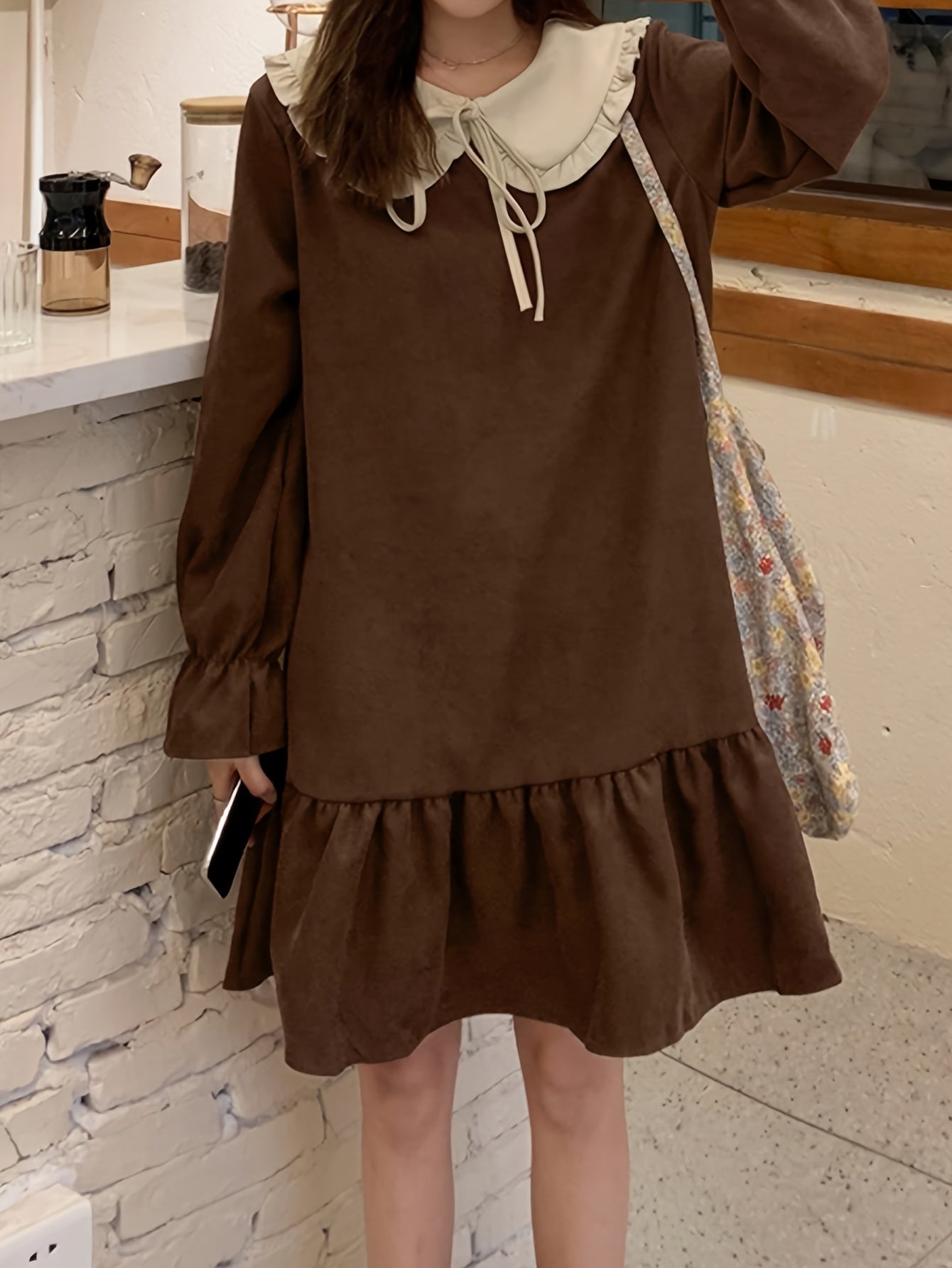 Sixsr Ruffle Trim Peter Pan Collar Dress, Casual Lantern Sleeve Loose Dress, Women's Clothing