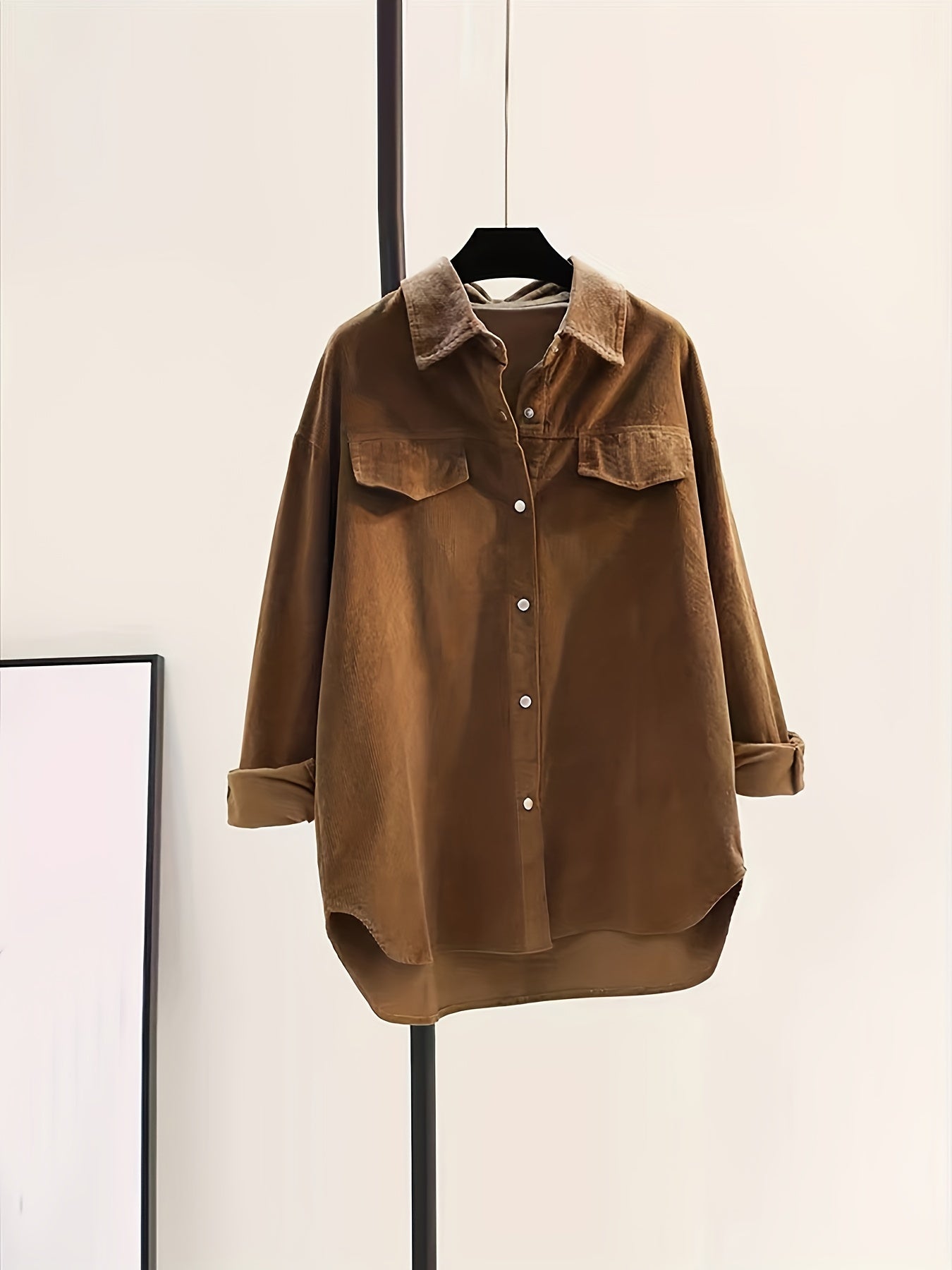 Sixsr Solid Button Front Corduroy Shirt, Versatile Long Sleeve Loose Shirt For Spring & Fall, Women's Clothing