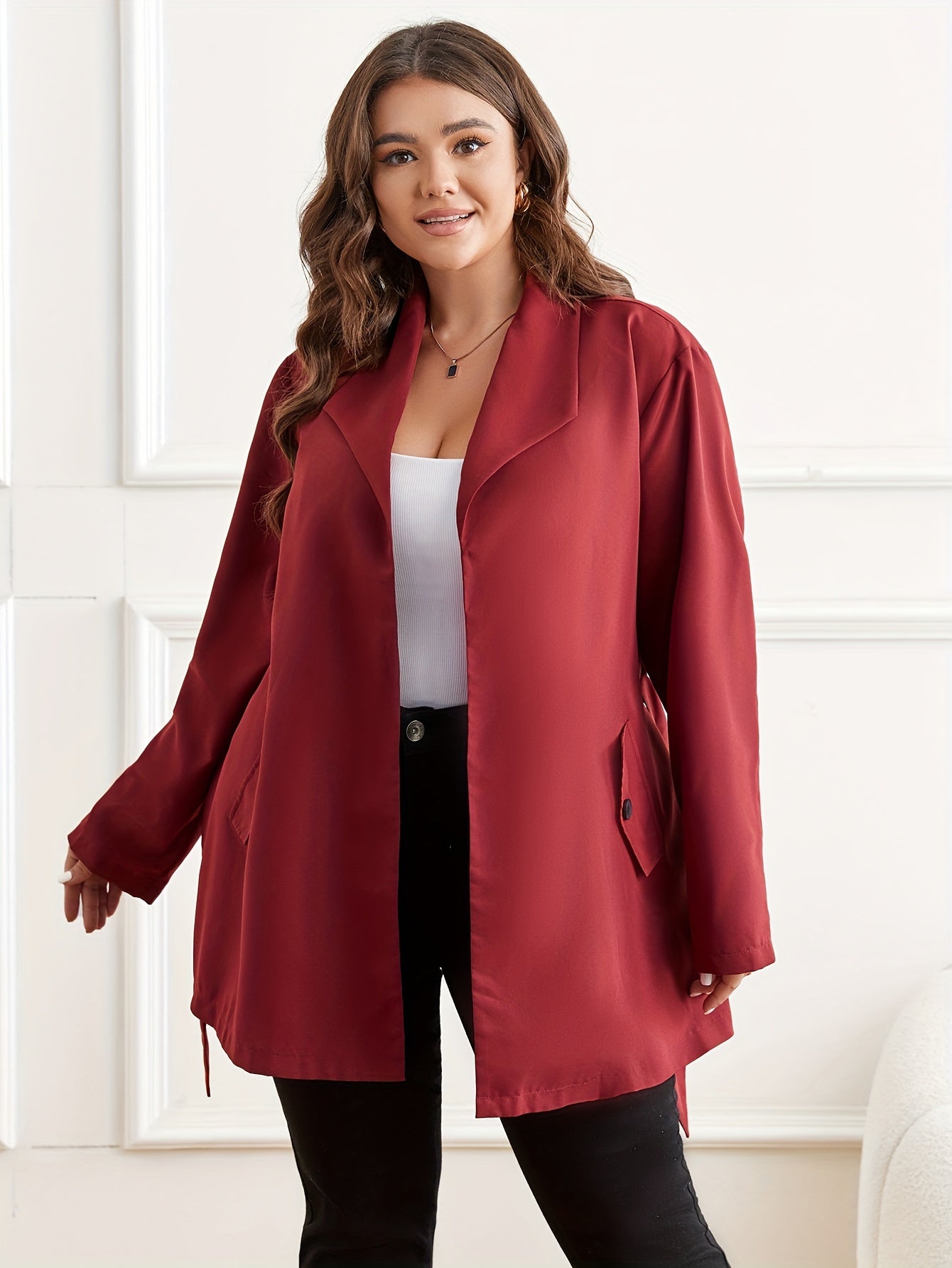 Sixsr Plus Size Casual Coat, Women's Plus Solid Long Sleeve Open Front Lapel Collar Loose Fit Coat With Pockets