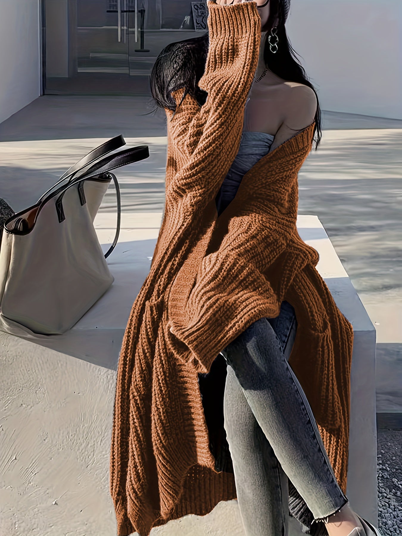 Sixsr Solid Open Front Loose Knit Cardigan, Casual Long Sleeve Long Length Sweater With Pocket, Women's Clothing