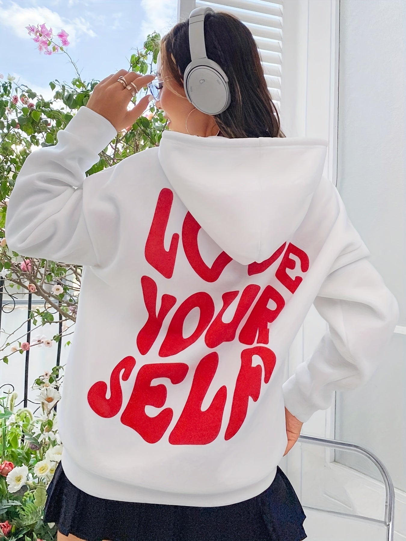 Sixsr Letter Print Back Drawstring Hoodies, Casual Long Sleeve Kangaroo Pocket Sweatshirt, Women's Clothing