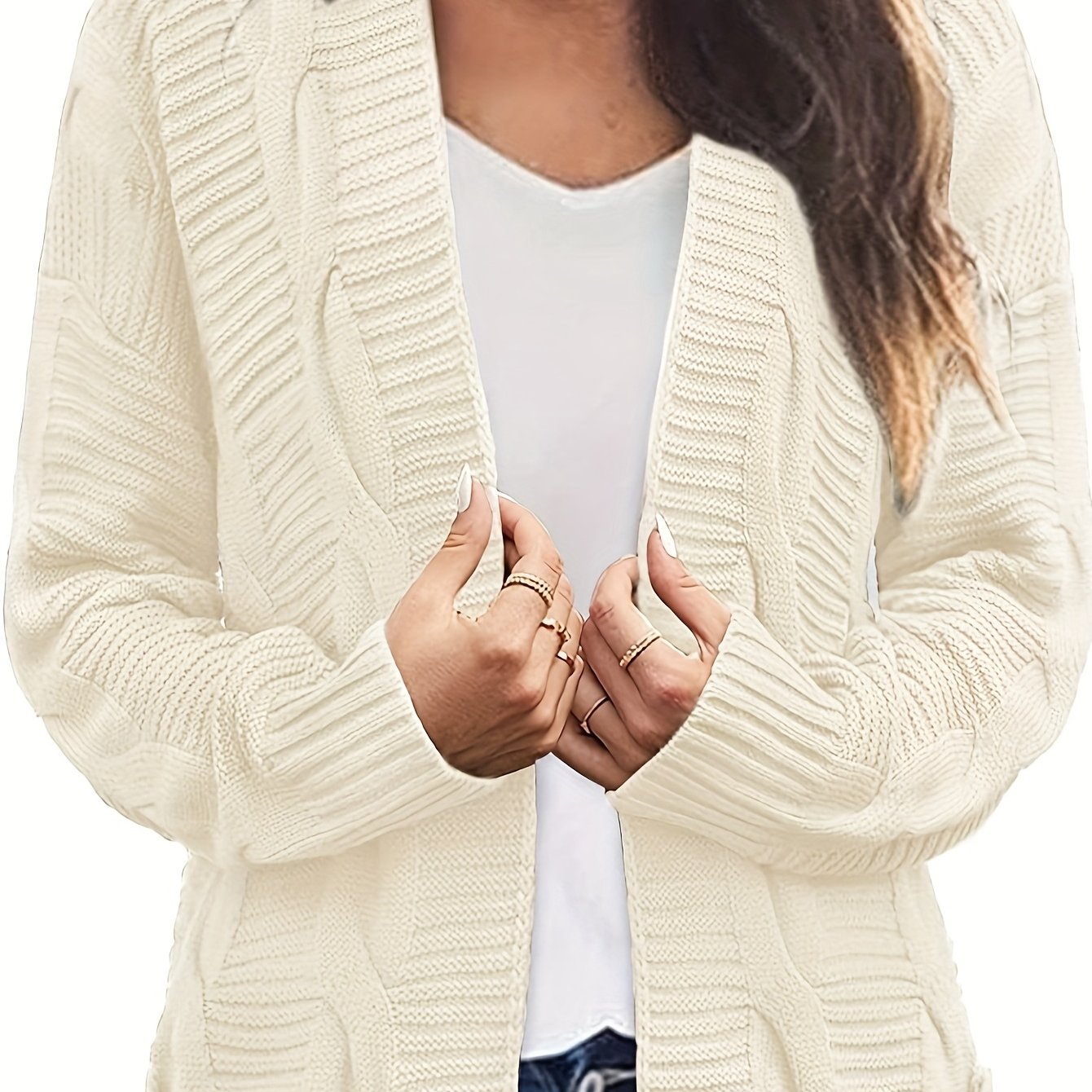 Sixsr Solid Cable Knit Cardigan, Casual Open Front Long Sleeve Sweater, Women's Clothing