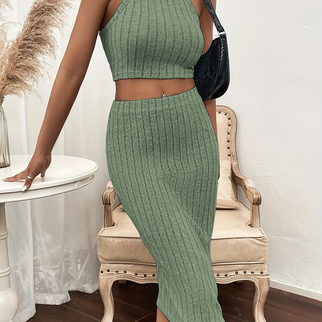 Sixsr Solid Ribbed Two-piece Set, Sleeveless Halter Crop Top & Bag Hip Mini Skirts Outfits, Women's Clothing