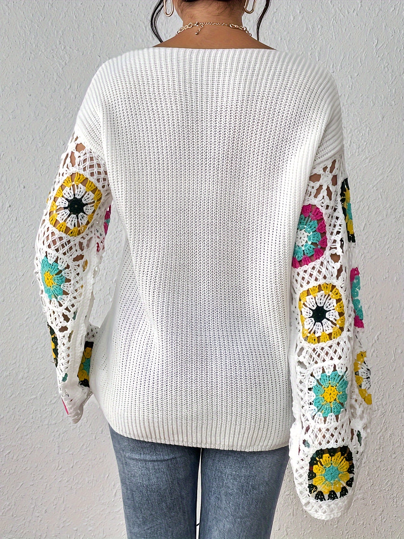 Sixsr Floral Pattern V Neck Knit Sweater, Casual Long Sleeve Pullover Sweater, Women's Clothing
