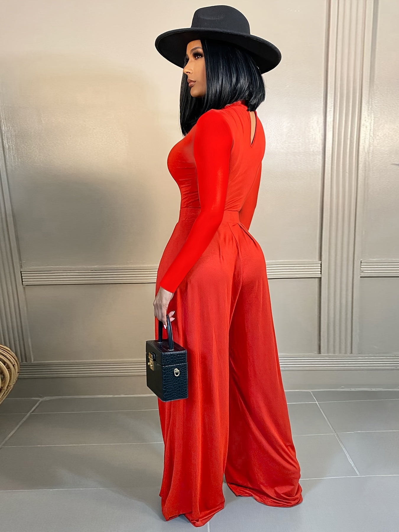 Sixsr Solid Long Sleeve Bodysuit Wide Leg Pants Two-piece Set, Fashion Fall Winter Outfits, Women's Clothing
