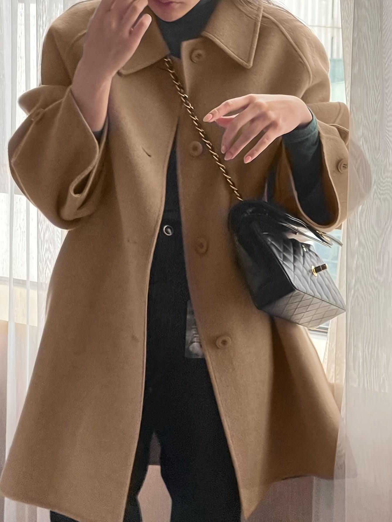 Sixsr Solid Color Button Front Coat, Casual Long Sleeve Lapel Coat For Fall & Winter, Women's Clothing