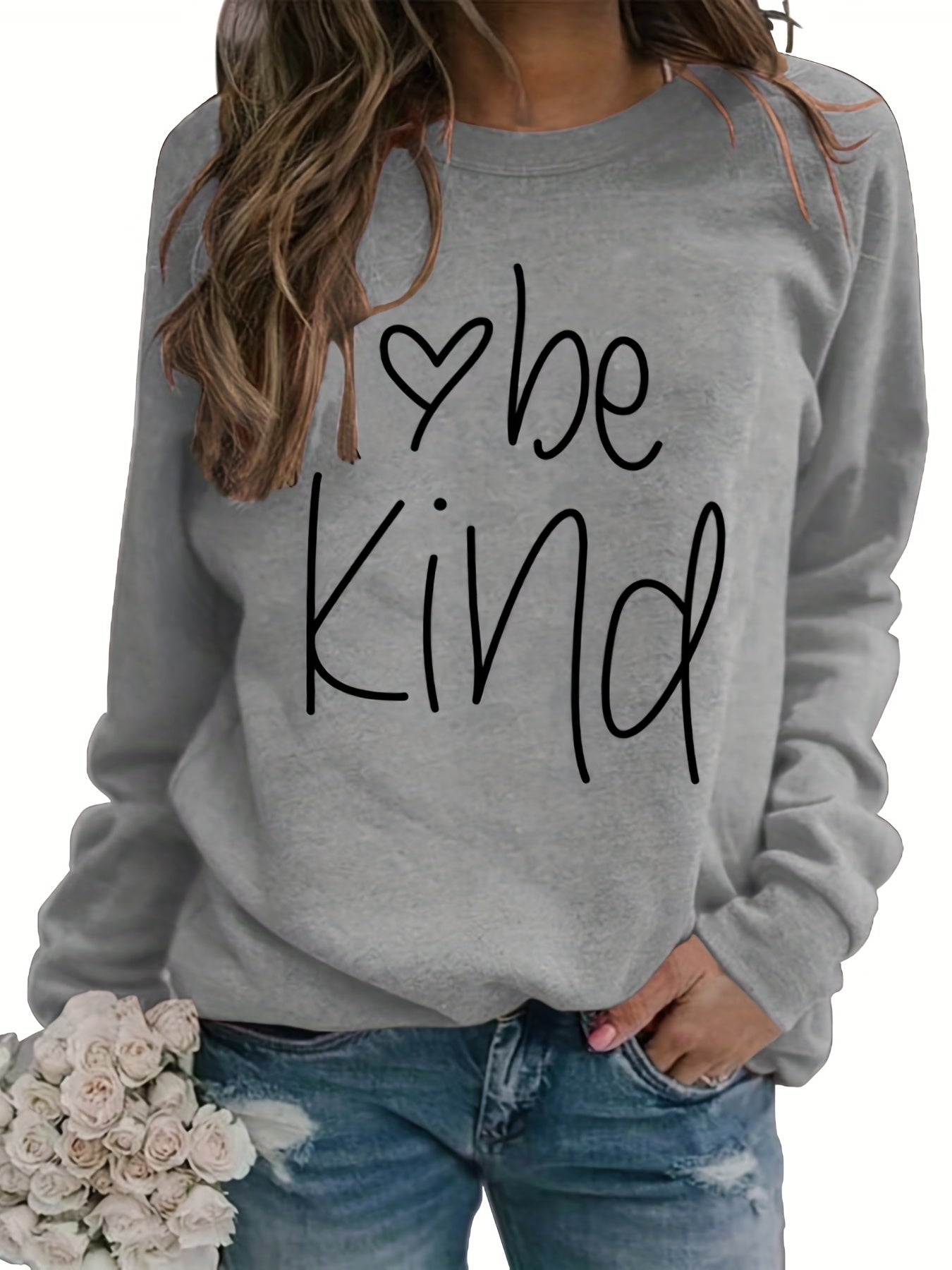 Sixsr Be Kind Letter Print Sweatshirt, Long Sleeve Crew Neck Pullover Sweatshirt, Casual Tops For Fall & Winter, Women's Clothing
