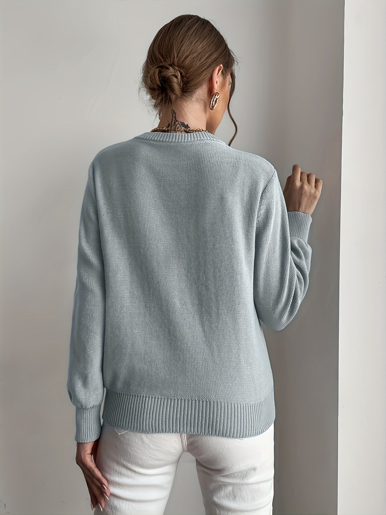 Sixsr Casual Solid Crew Neck Sweater, Long Sleeve Loose Fall Winter Knit Sweater, Women's Clothing