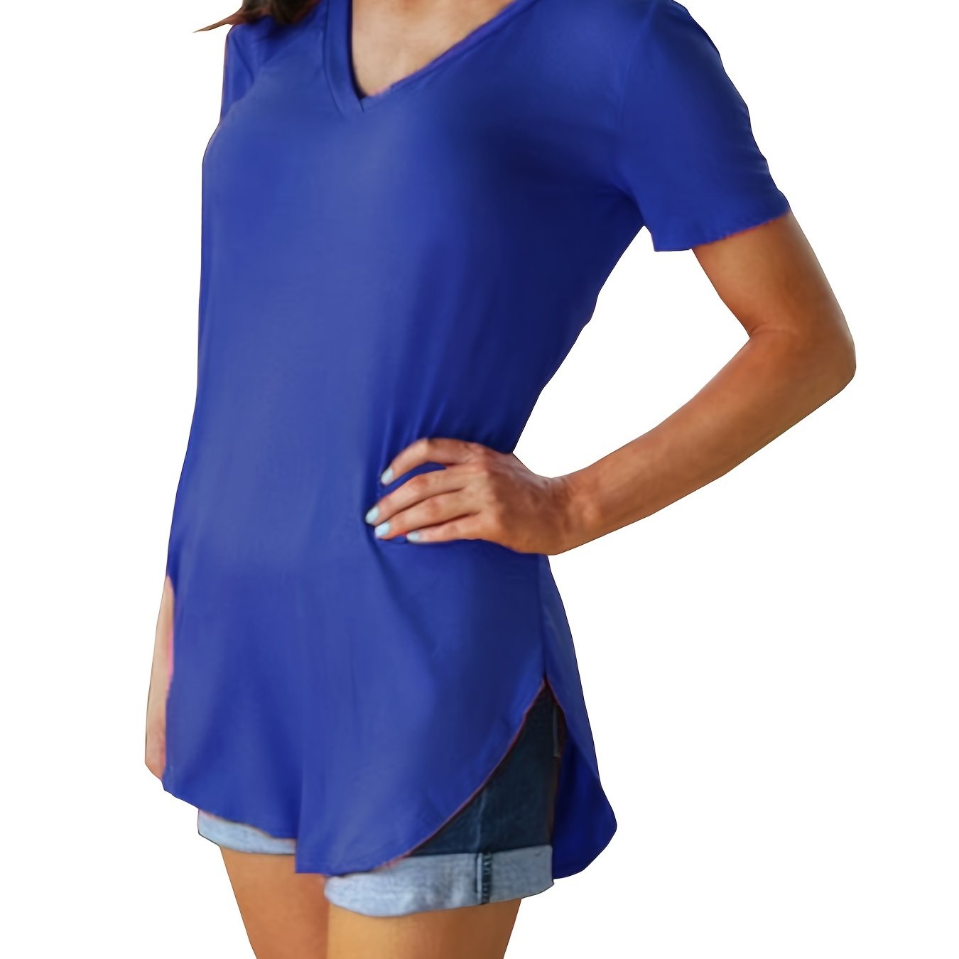 Sixsr Hem Arc Spilt Hem T-shirt, Casual V Neck Short Sleeve Summer T-shirt, Women's Clothing