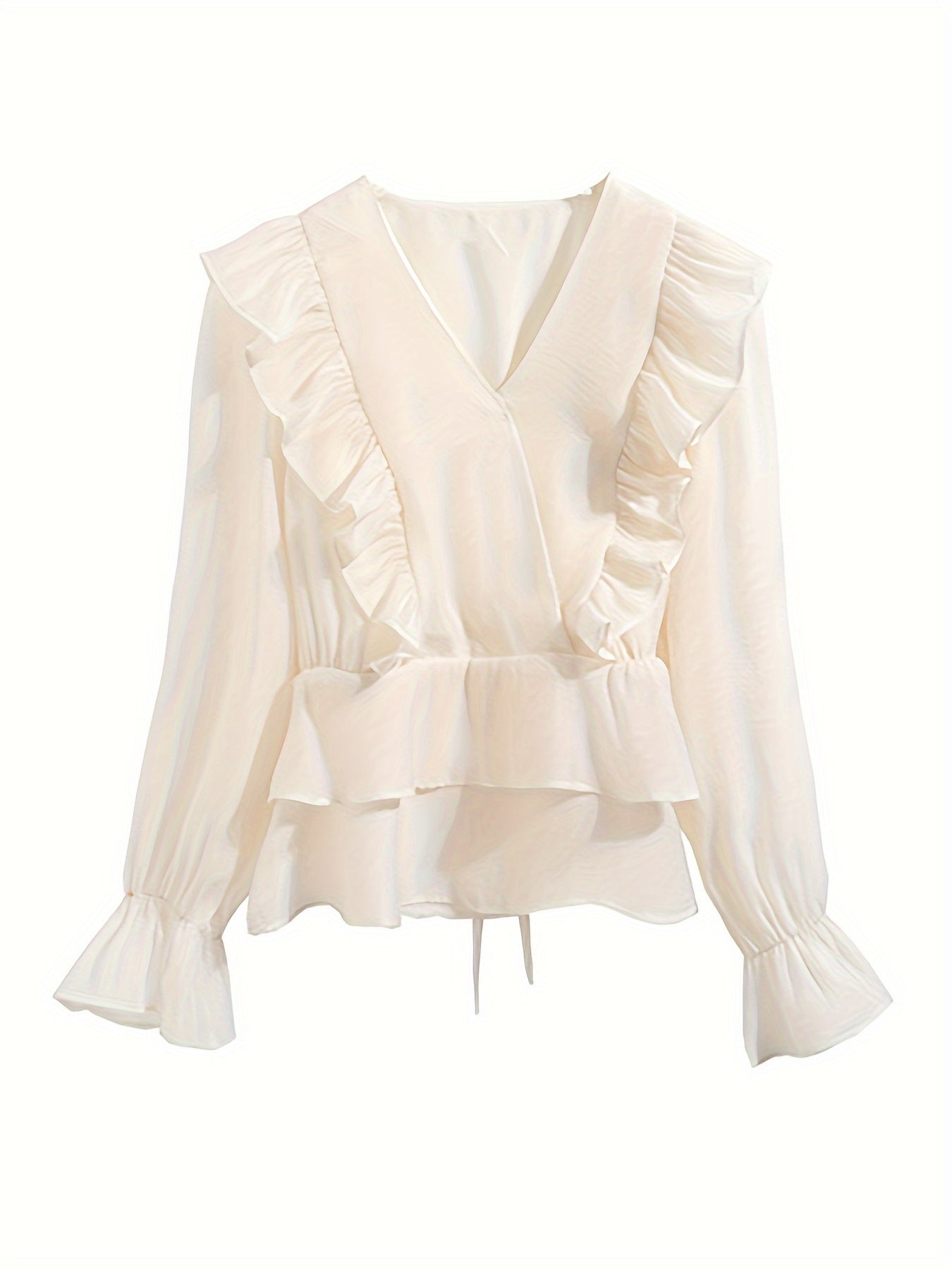 Sixsr Ruffle Trim V Neck Tiered Blouse, Chic Lantern Sleeve Tied Blouse For Spring & Fall, Women's Clothing