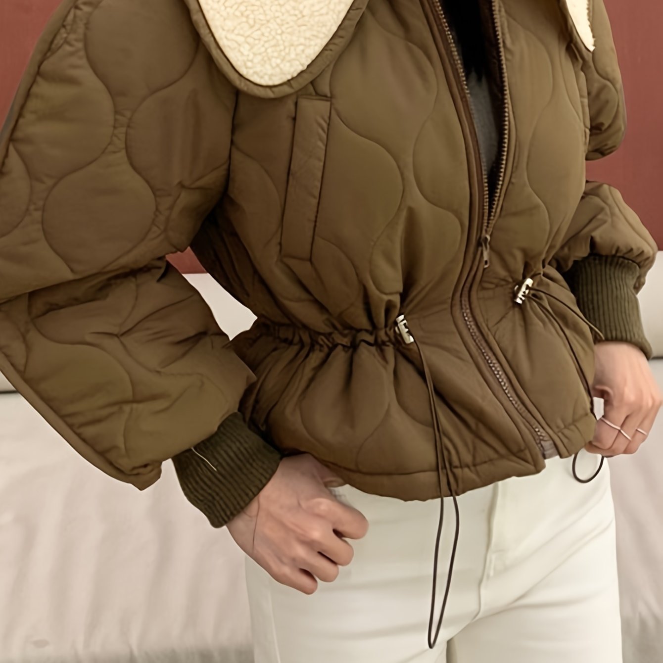 Sixsr Drawstring Zip-up Lapel Coat, Casual Thermal Long Sleeve Cinched Waist Coat , Women's Clothing