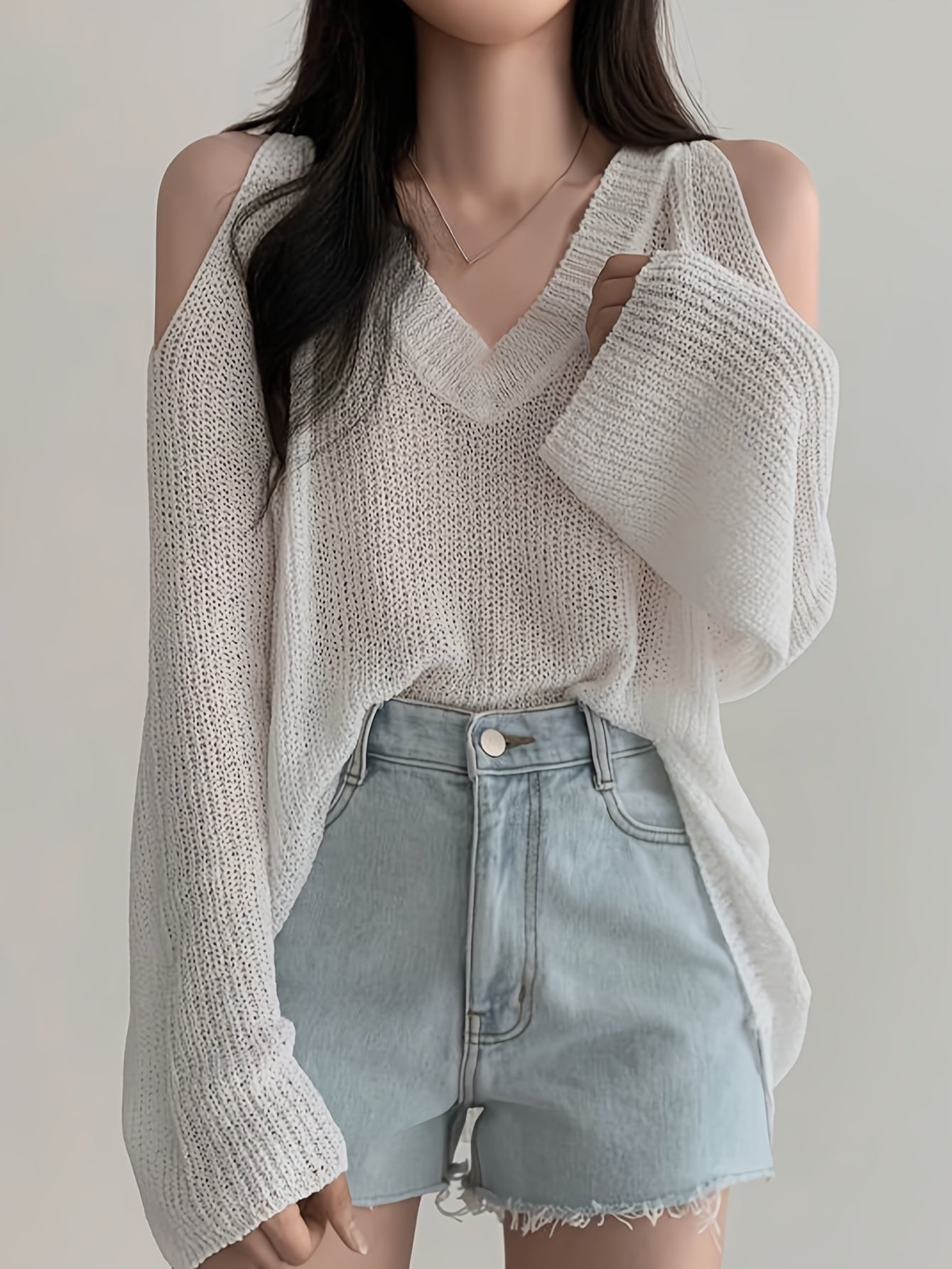 Sixsr Solid V Neck Thin Pullover Sweater, Casual Cold Shoulder Long Sleeve Loose Sweater, Women's Clothing
