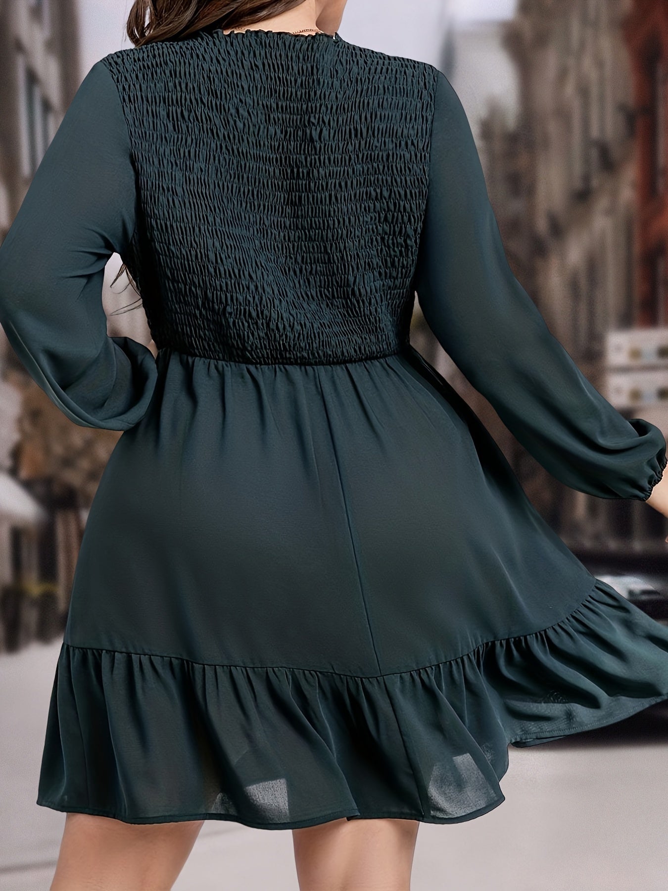 Sixsr Plus Size Casual Dress, Women's Plus Solid Shirred Long Sleeve Round Neck Smock Dress