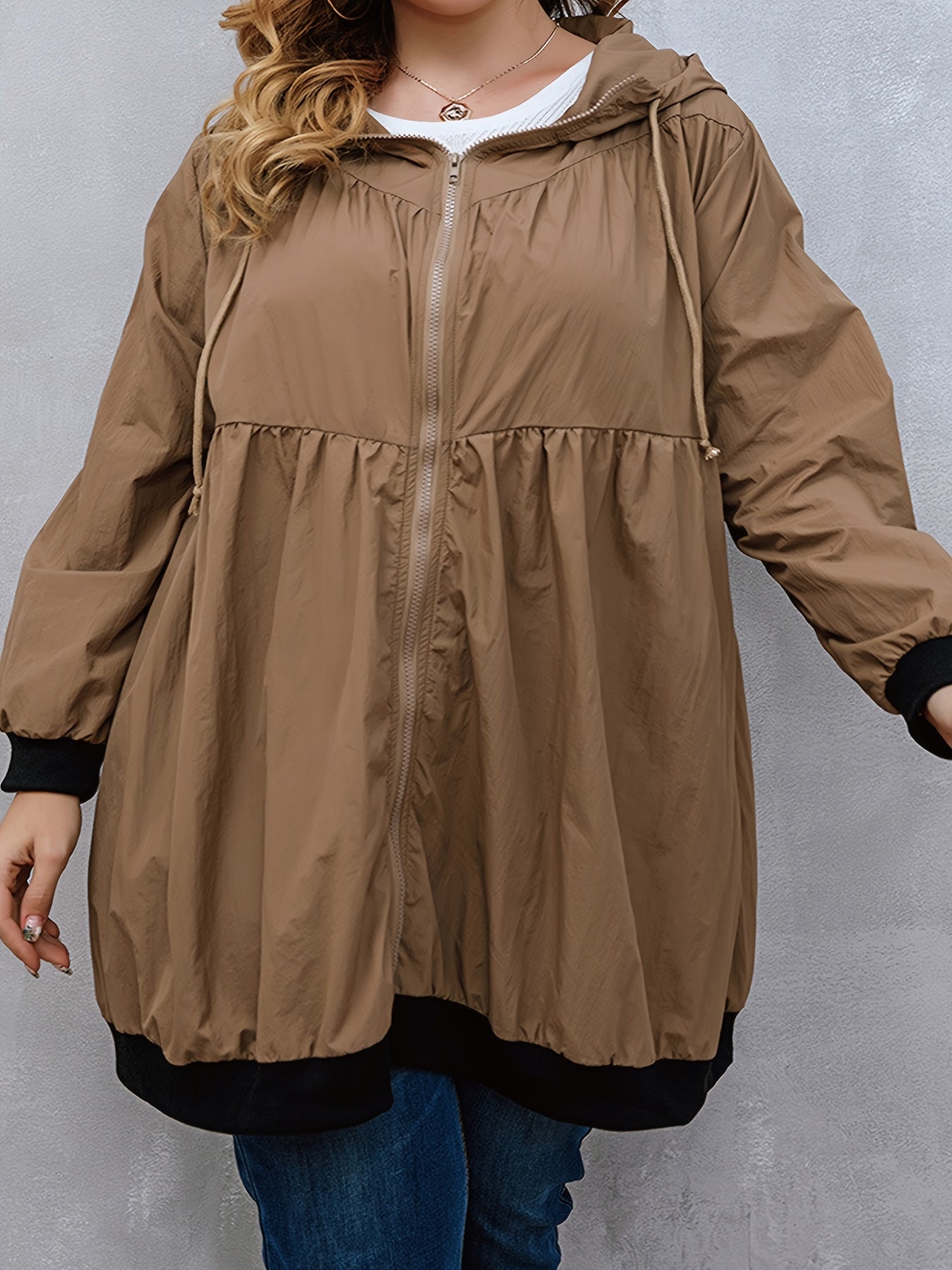 Sixsr Plus Size Casual Coat, Women's Plus Contrast Trim Zip Up Long Sleeve Drawstring Hooded Coat
