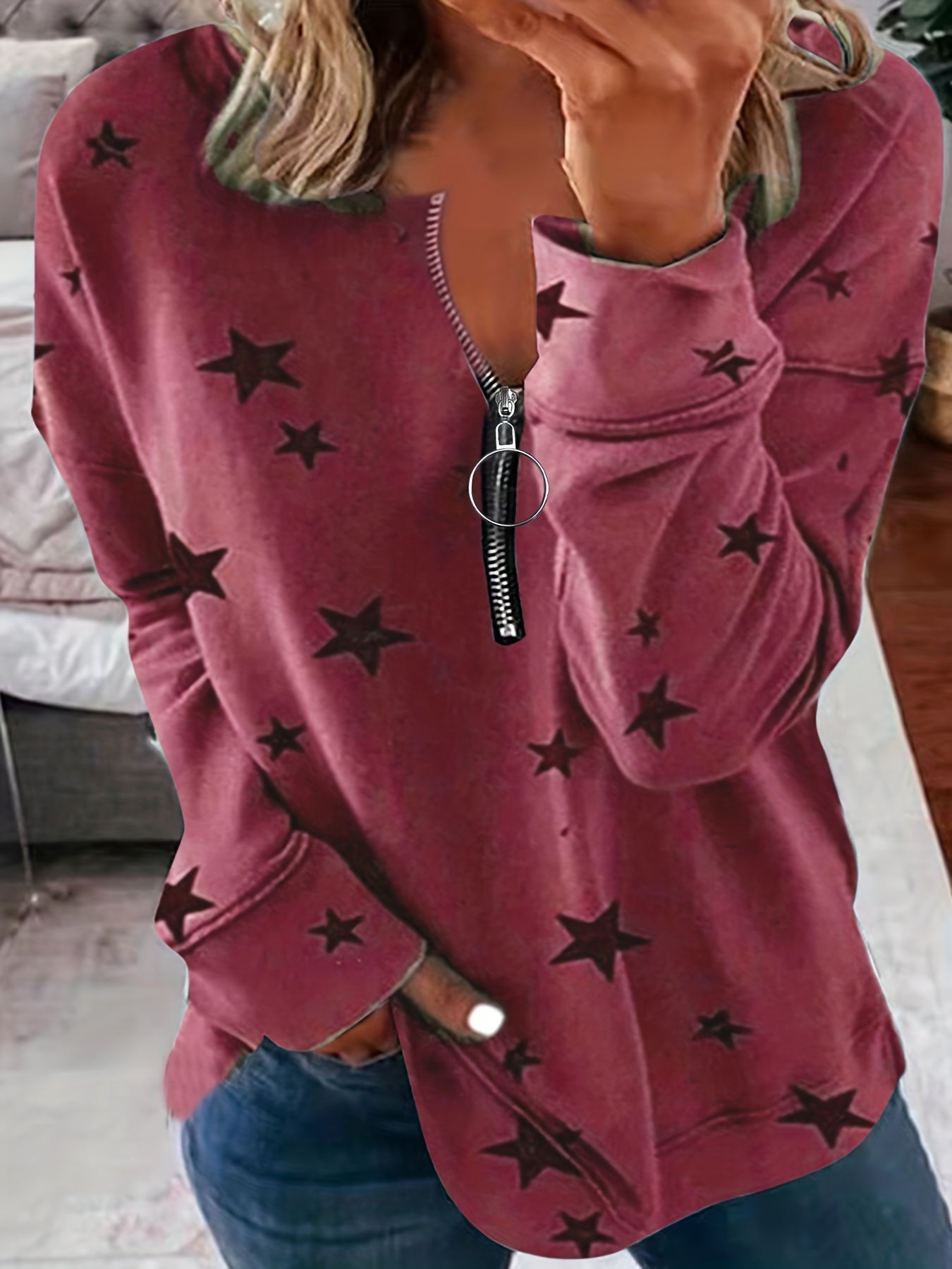 Sixsr Plus Size Casual Top, Women's Plus Star Print Zip Up Long Sleeve Round Neck Slight Stretch Top