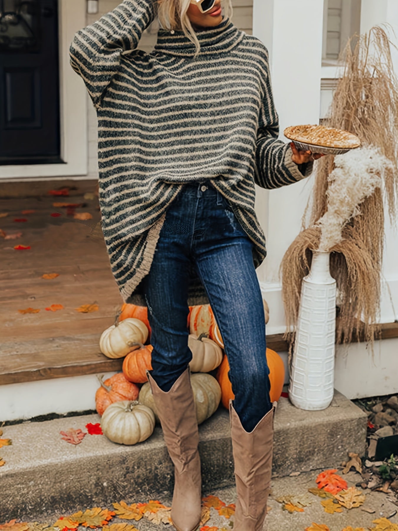 Sixsr Plus Size Casual Sweater, Women's Plus Stripe Print Chimney Collar Long Sleeve Pullover Sweater