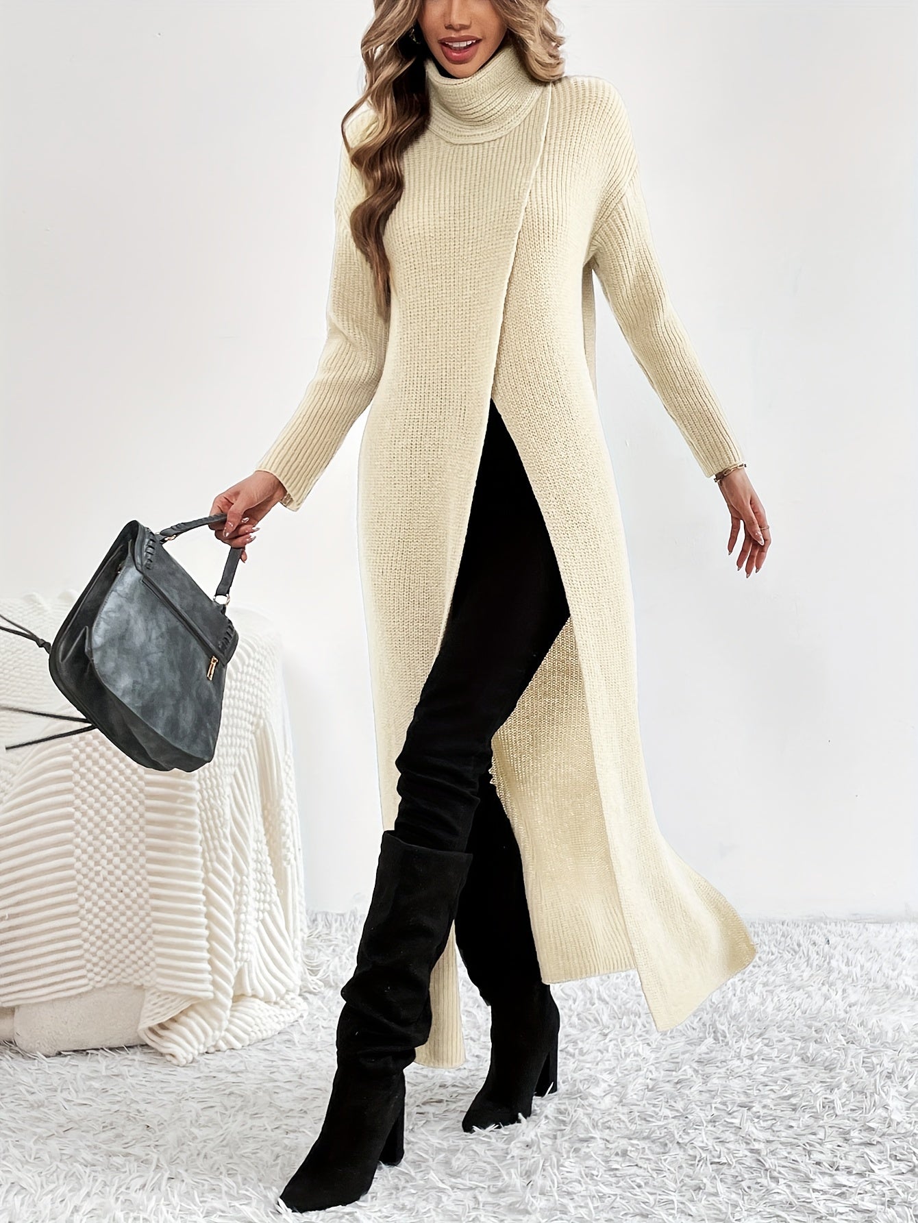 Sixsr Solid High Neck Split Dress, Elegant Long Sleeve Maxi Dress, Women's Clothing