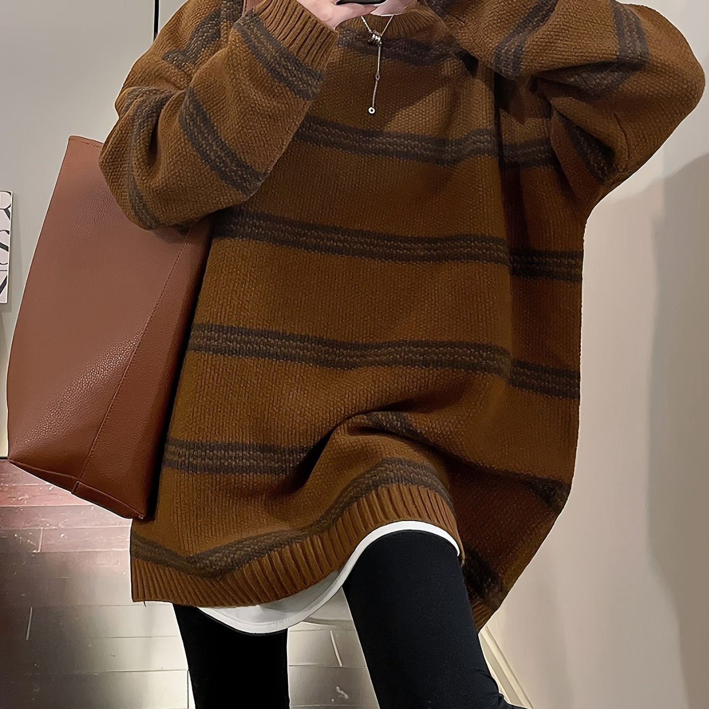 Sixsr Striped Crew Neck Pullover Sweater, Vintage Long Sleeve Oversized Slouchy Sweater, Women's Clothing