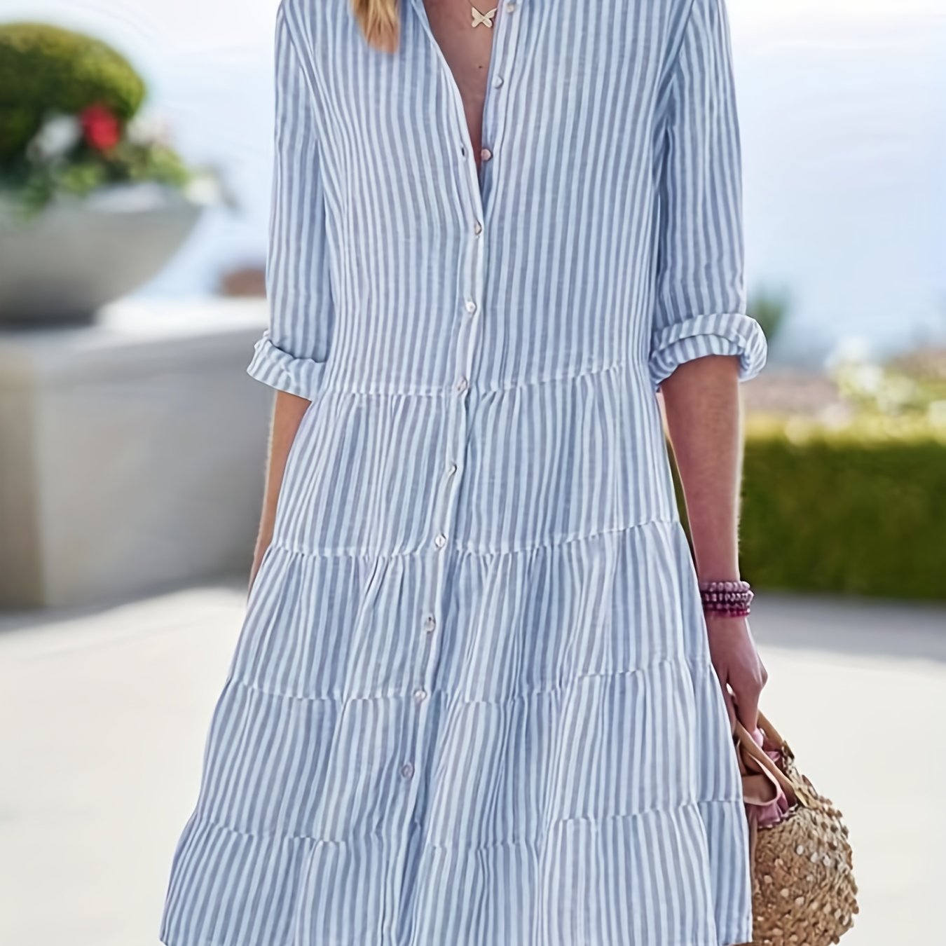 Sixsr Striped Ruffle Layered Hem Shirt Dress, Casual Button Long Sleeve Tiered Dress, Women's Clothing
