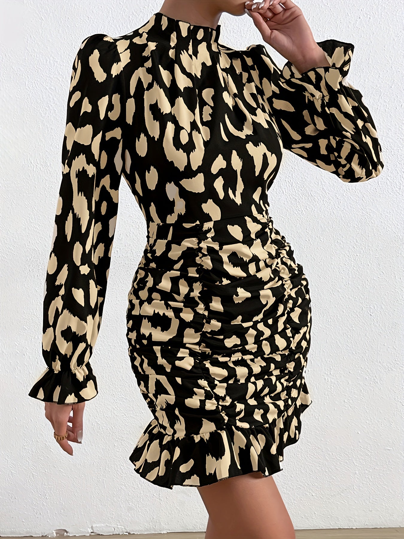 Sixsr Floral Print Ruched Ruffle Hem Dress, Street Long Sleeve Mock Neck Waist Bodycon Dresses, Women's Clothing