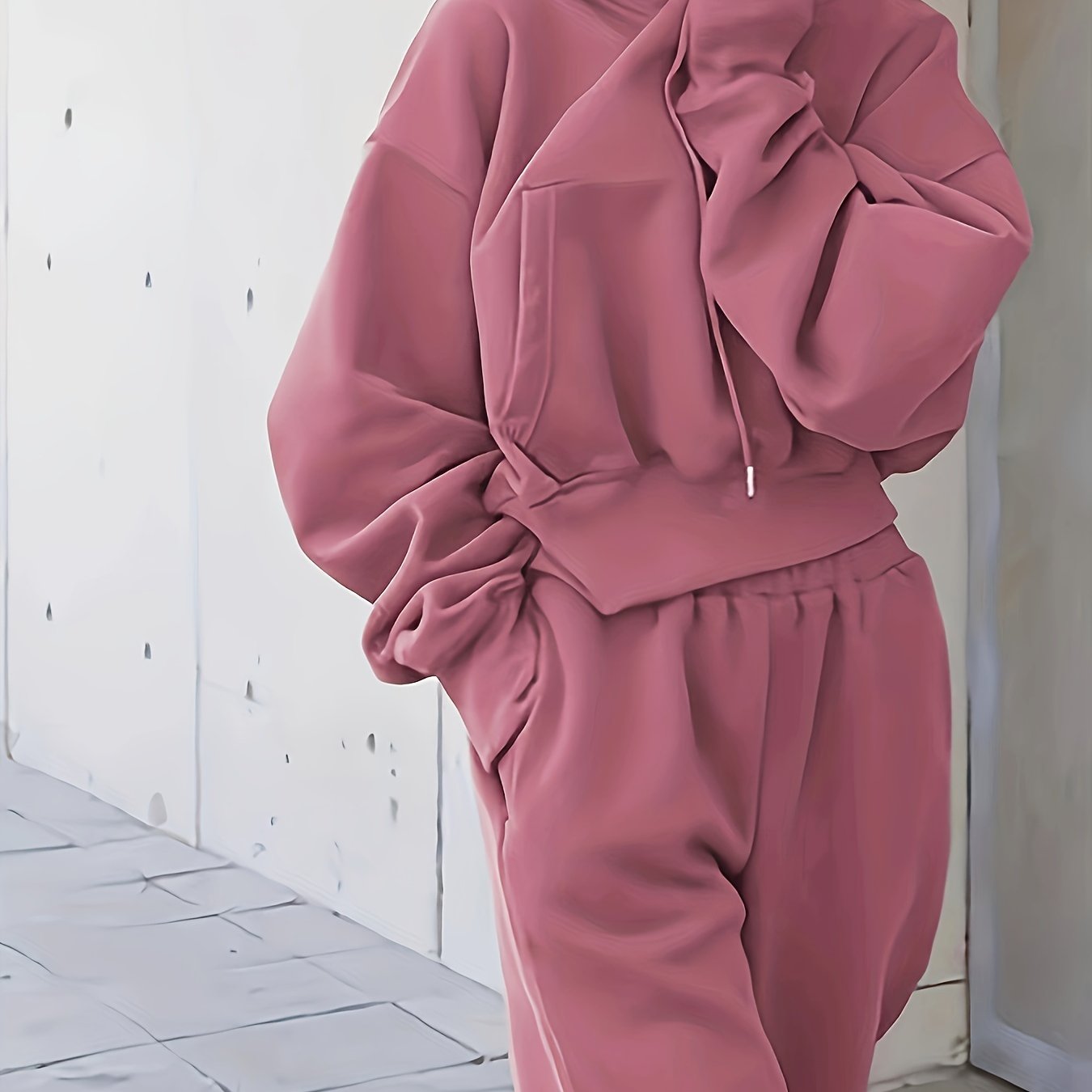 Sixsr 2pcs Athleisure Set, Oversized Solid Hooded Pocket Drawstring Sweatshirts & Sweatpants Sets, Women's Clothing