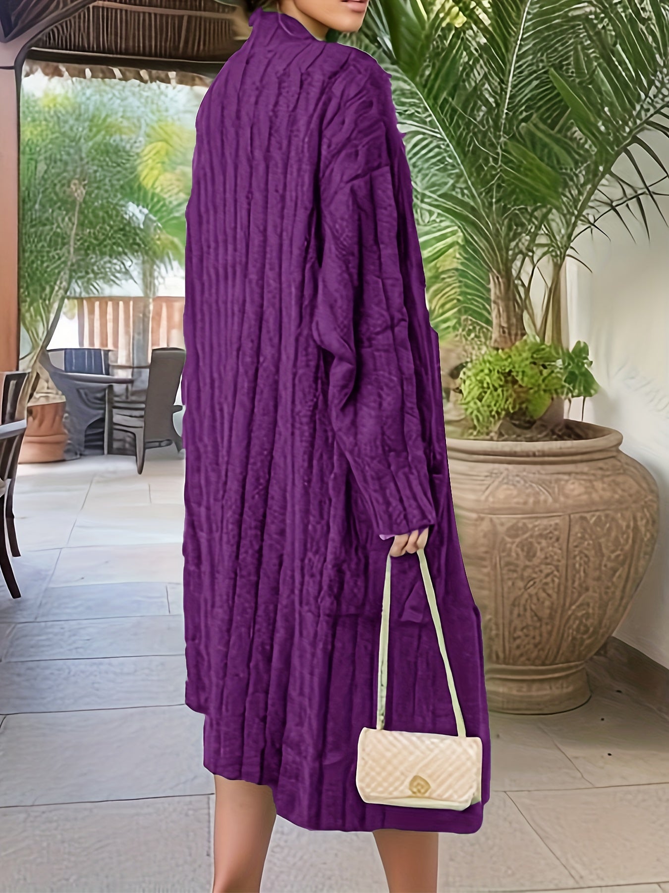 Sixsr Plus Size Elegant Sweater Cardigan, Women's Plus Cable Knit Open Front Long Sleeve High Stretch Cardigan With Pockets